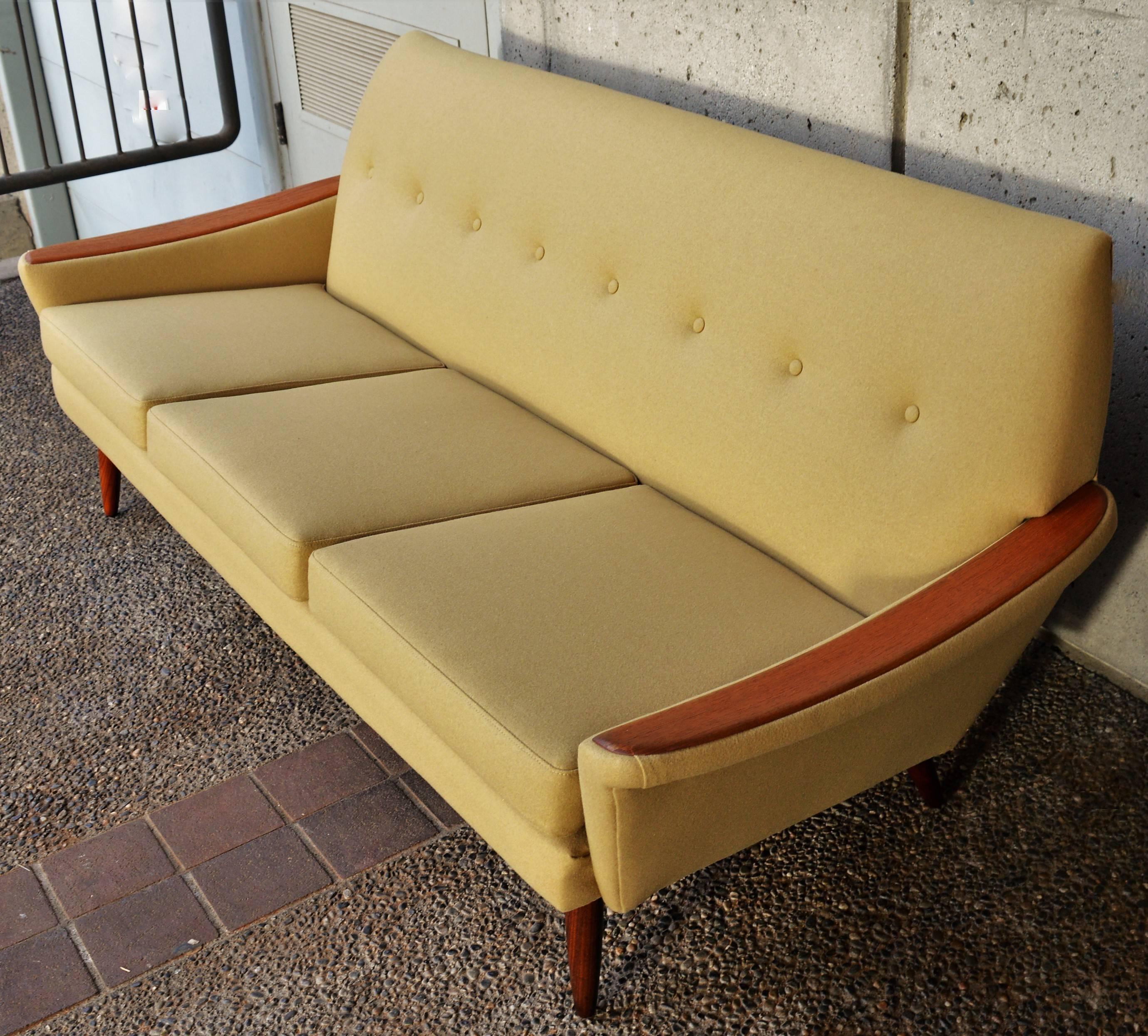 Upholstery Teak Arm Restored Button-Tufted Sofa in Camel Felted Wool