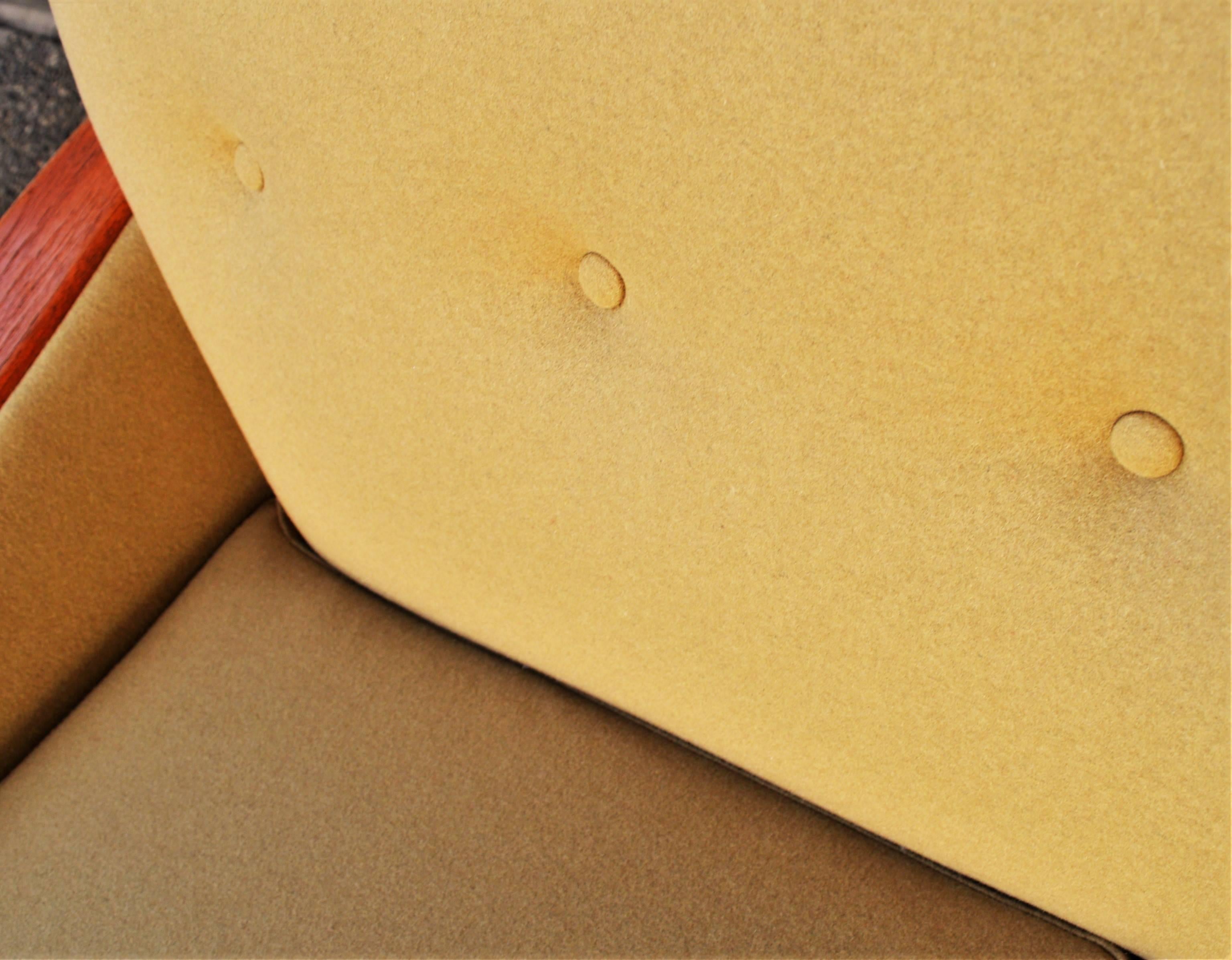Teak Arm Restored Button-Tufted Sofa in Camel Felted Wool 1