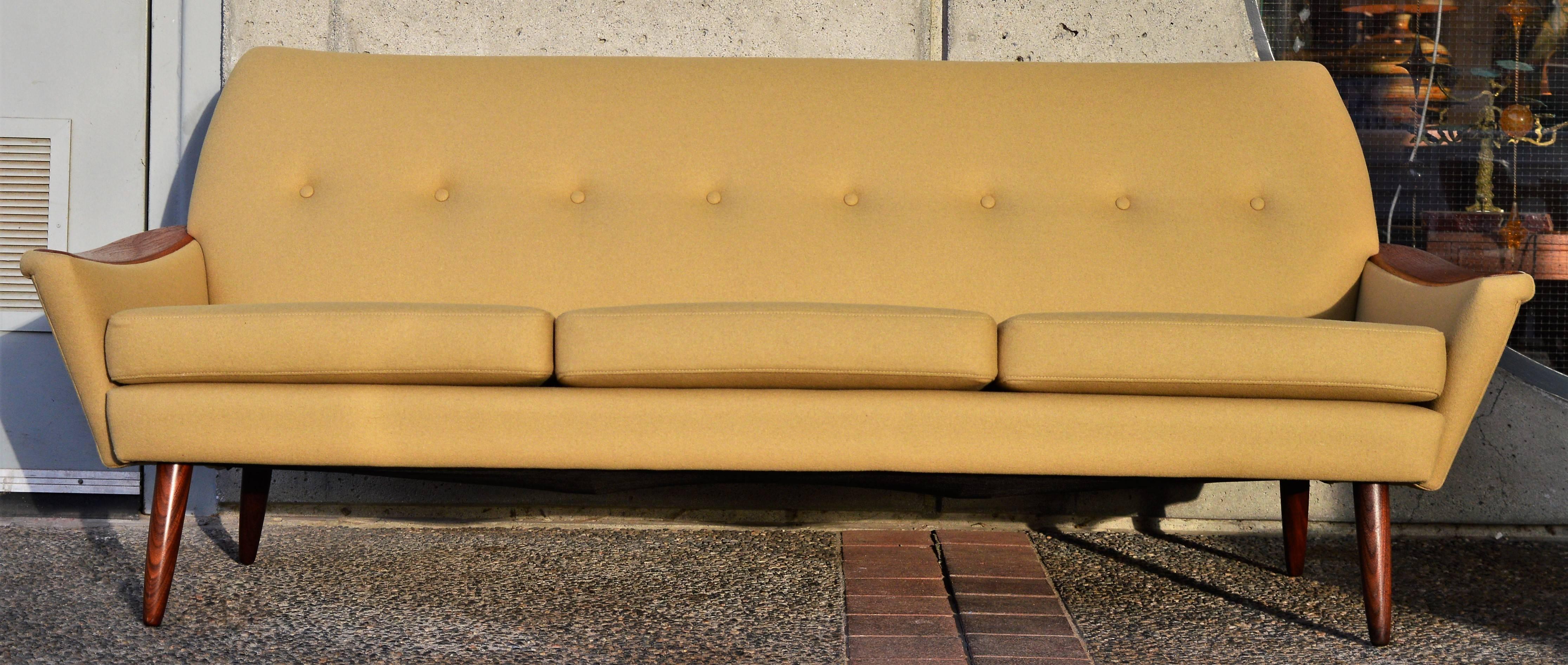Teak Arm Restored Button-Tufted Sofa in Camel Felted Wool 2