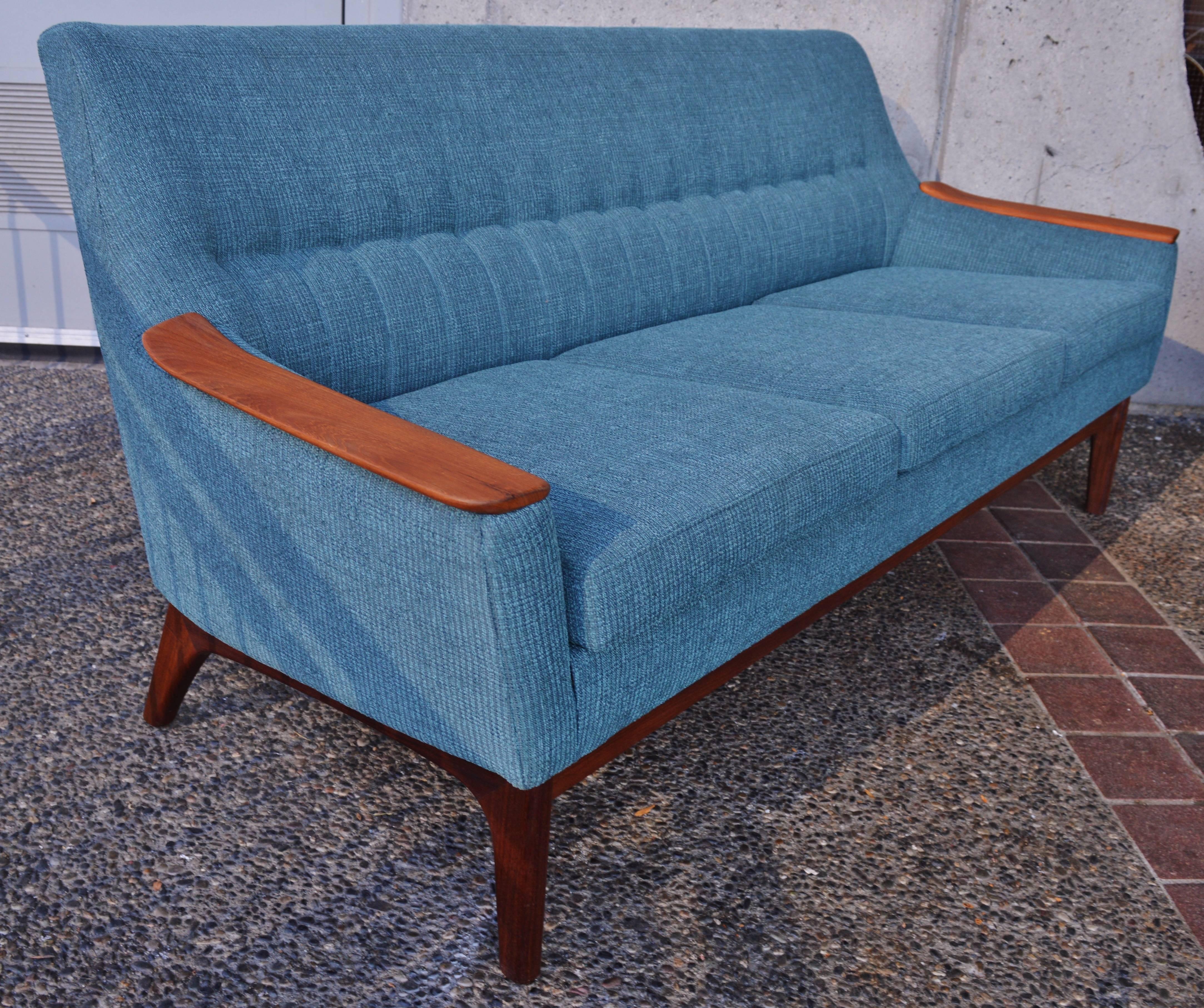 Restored Danish Teak Arm Sofa and Lounge Chair with Channel Tufting 3