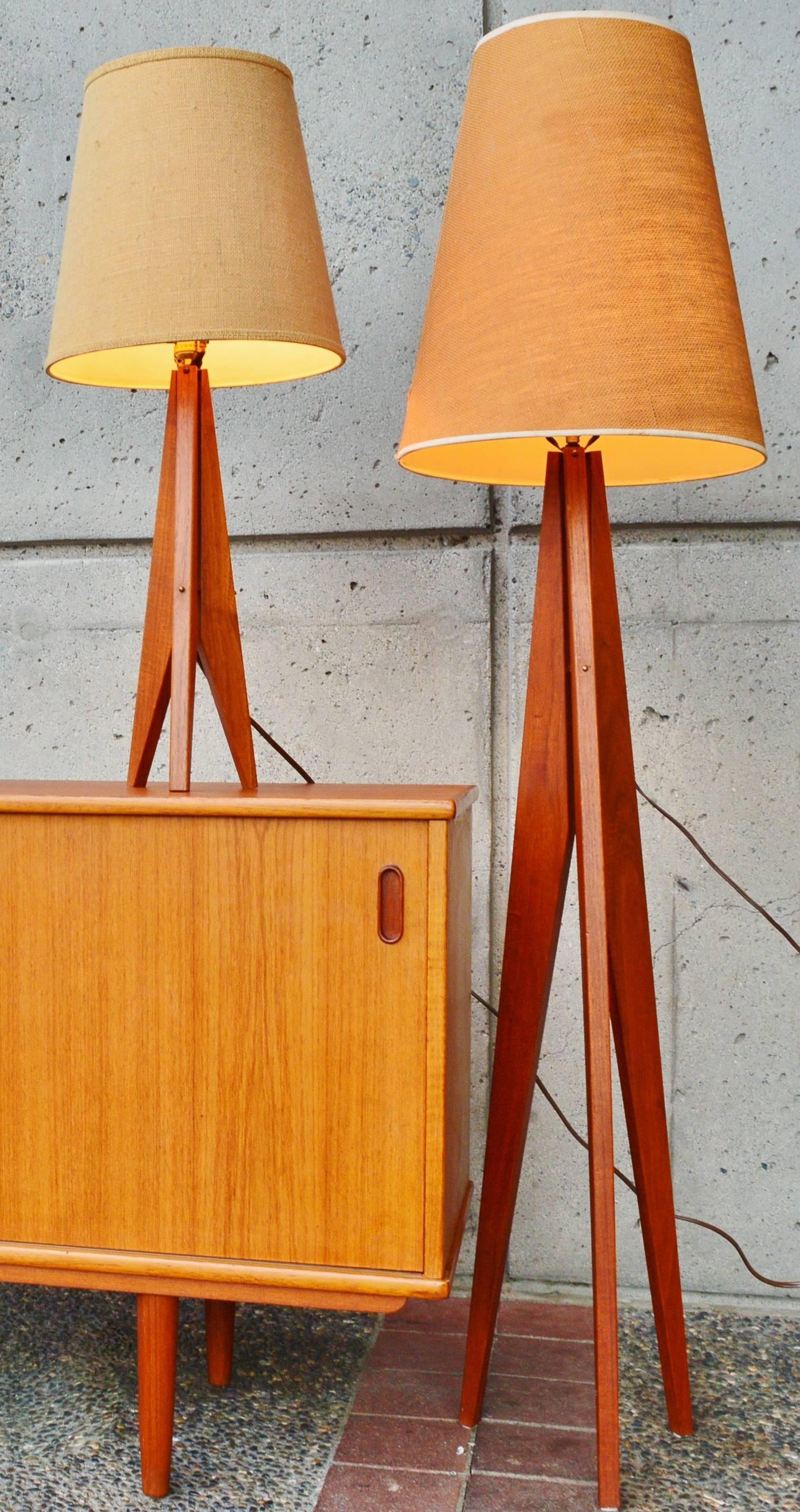 Mid-20th Century Teak Tripod Floor and Table Lamps, Danish Modern