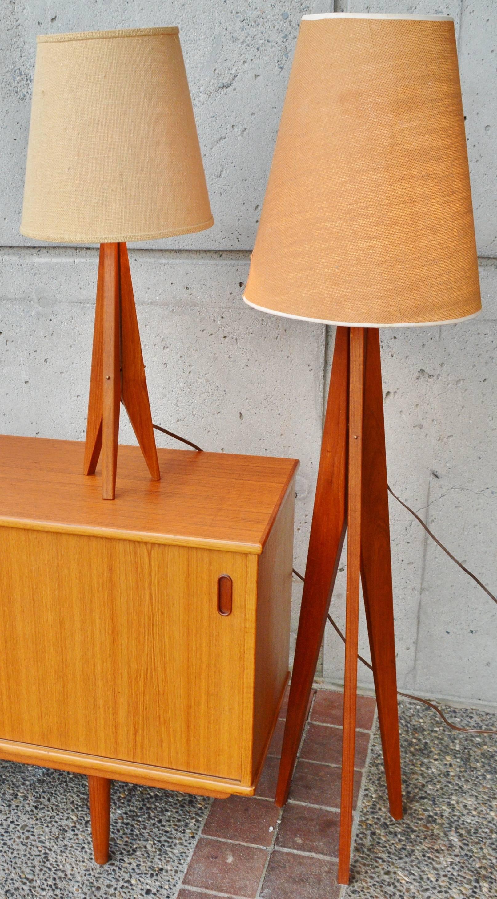 Scandinavian Modern Teak Tripod Floor and Table Lamps, Danish Modern
