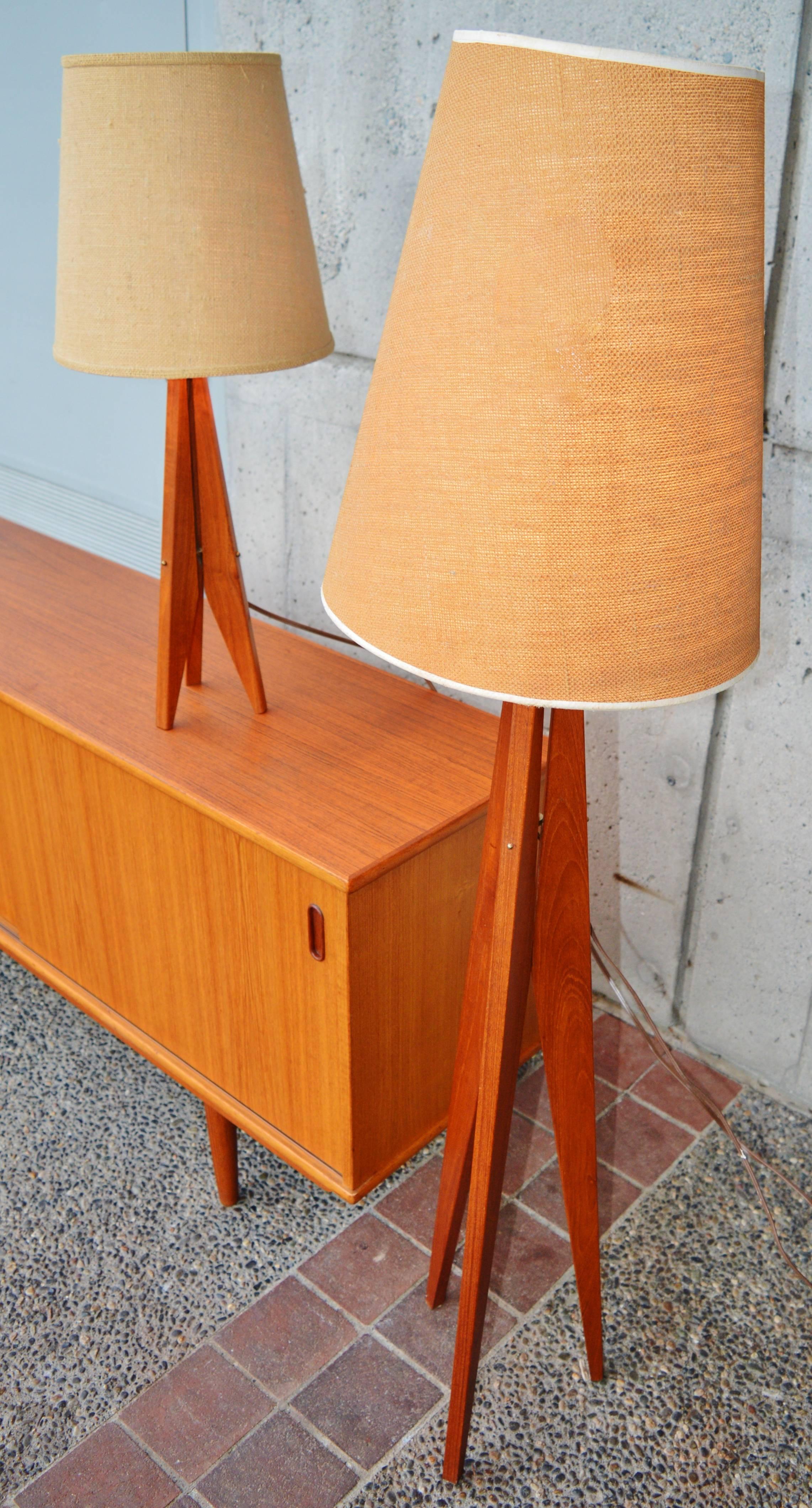 Teak Tripod Floor and Table Lamps, Danish Modern In Excellent Condition In New Westminster, British Columbia