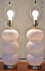 Pair Murano Mottled Pink and Clear Stacked Glass Table Lamps