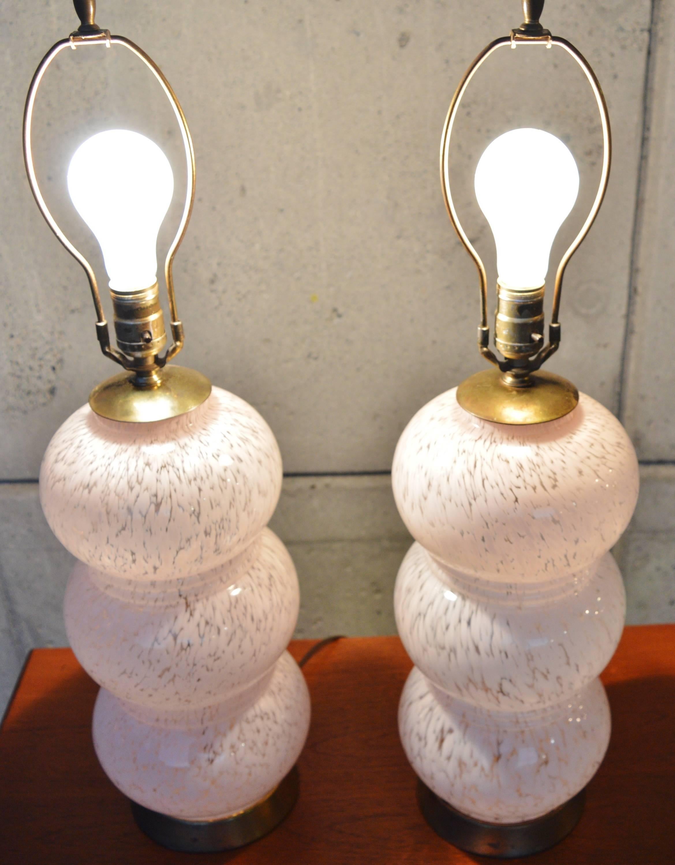 Brass Pair Murano Mottled Pink and Clear Stacked Glass Table Lamps For Sale