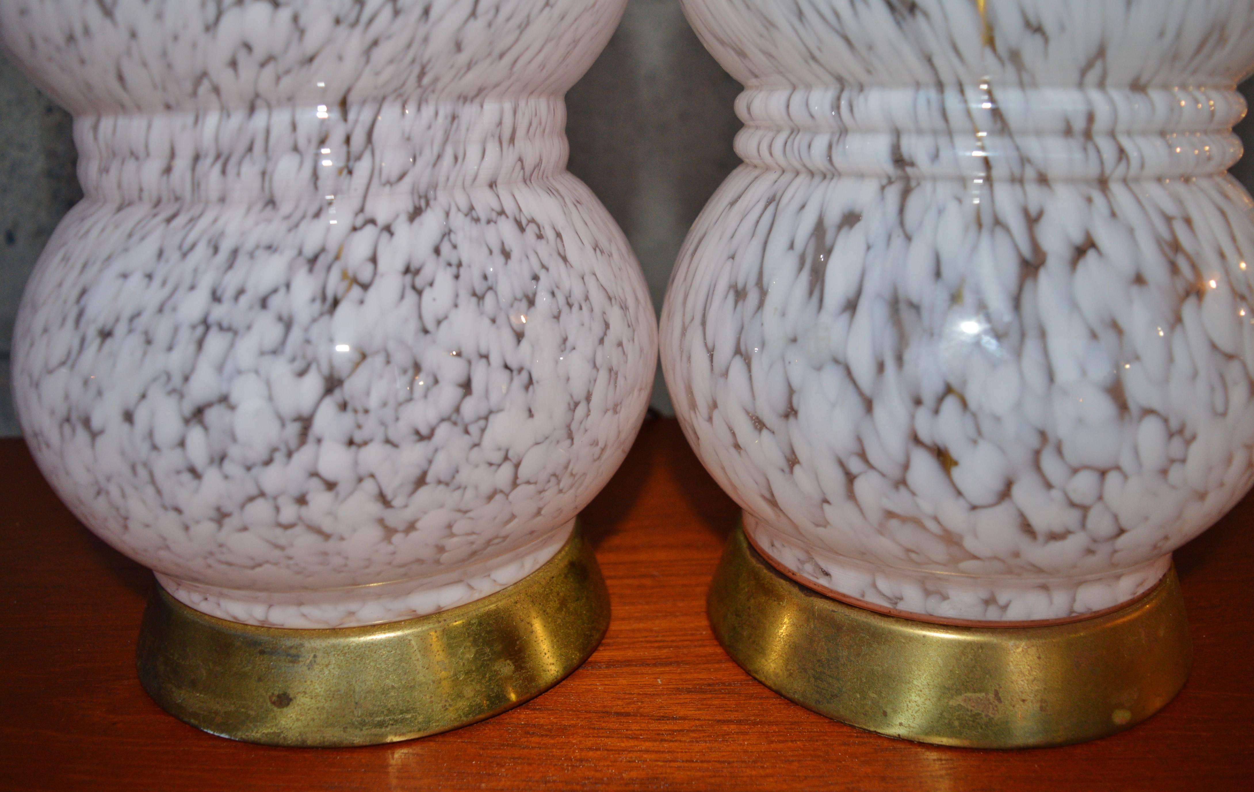 Mid-20th Century Pair Murano Mottled Pink and Clear Stacked Glass Table Lamps For Sale