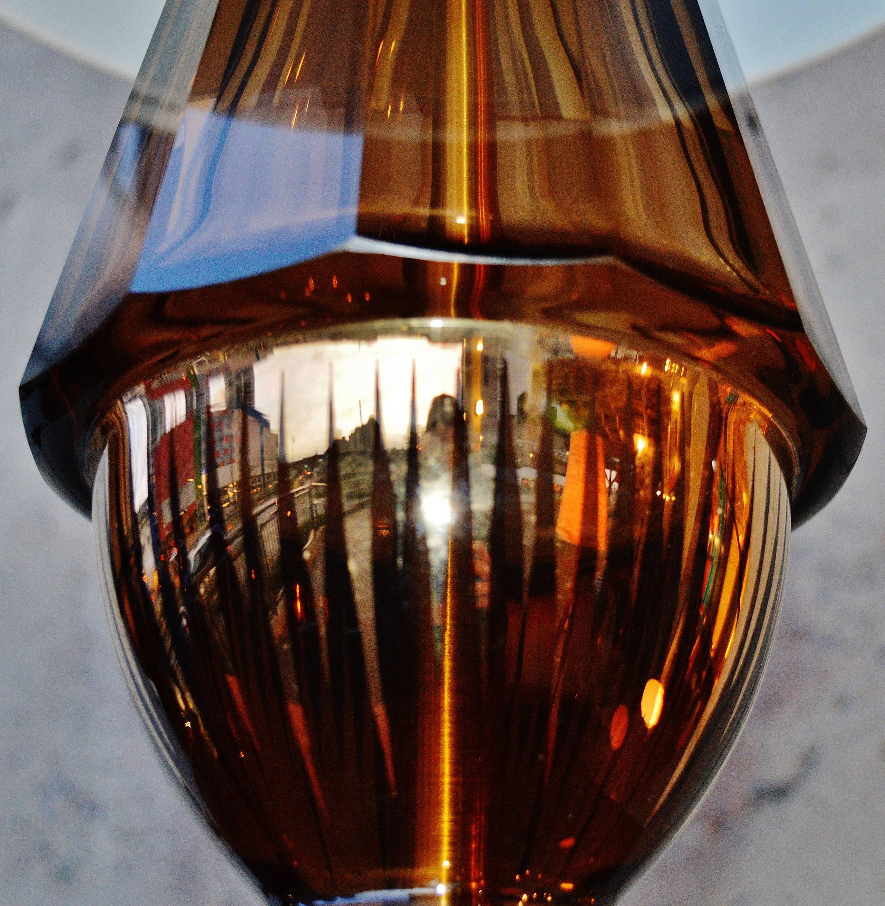 Pair Art Deco Decagonal Smoked Glass Gilded Lamps 2
