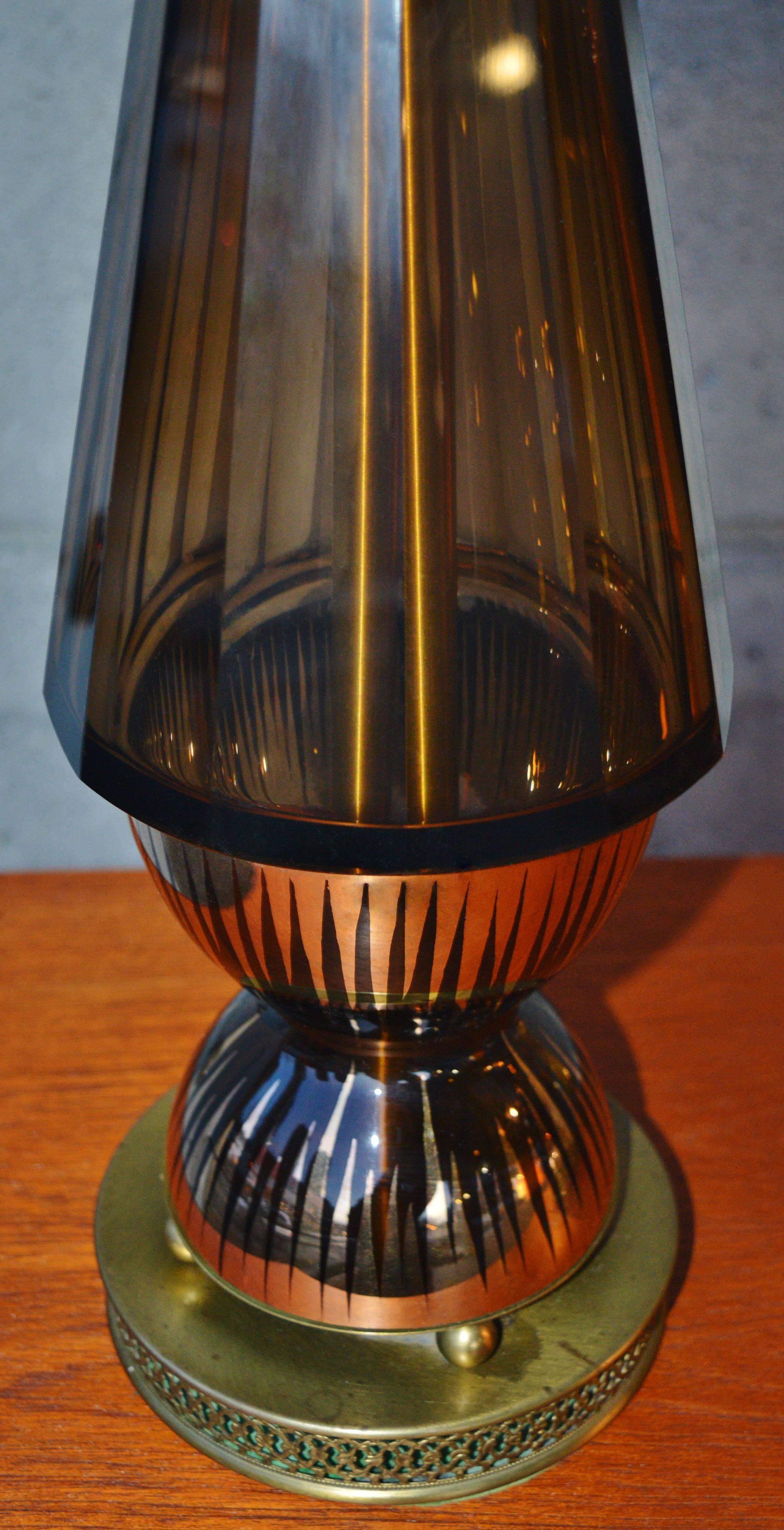 Unknown Pair Art Deco Decagonal Smoked Glass Gilded Lamps