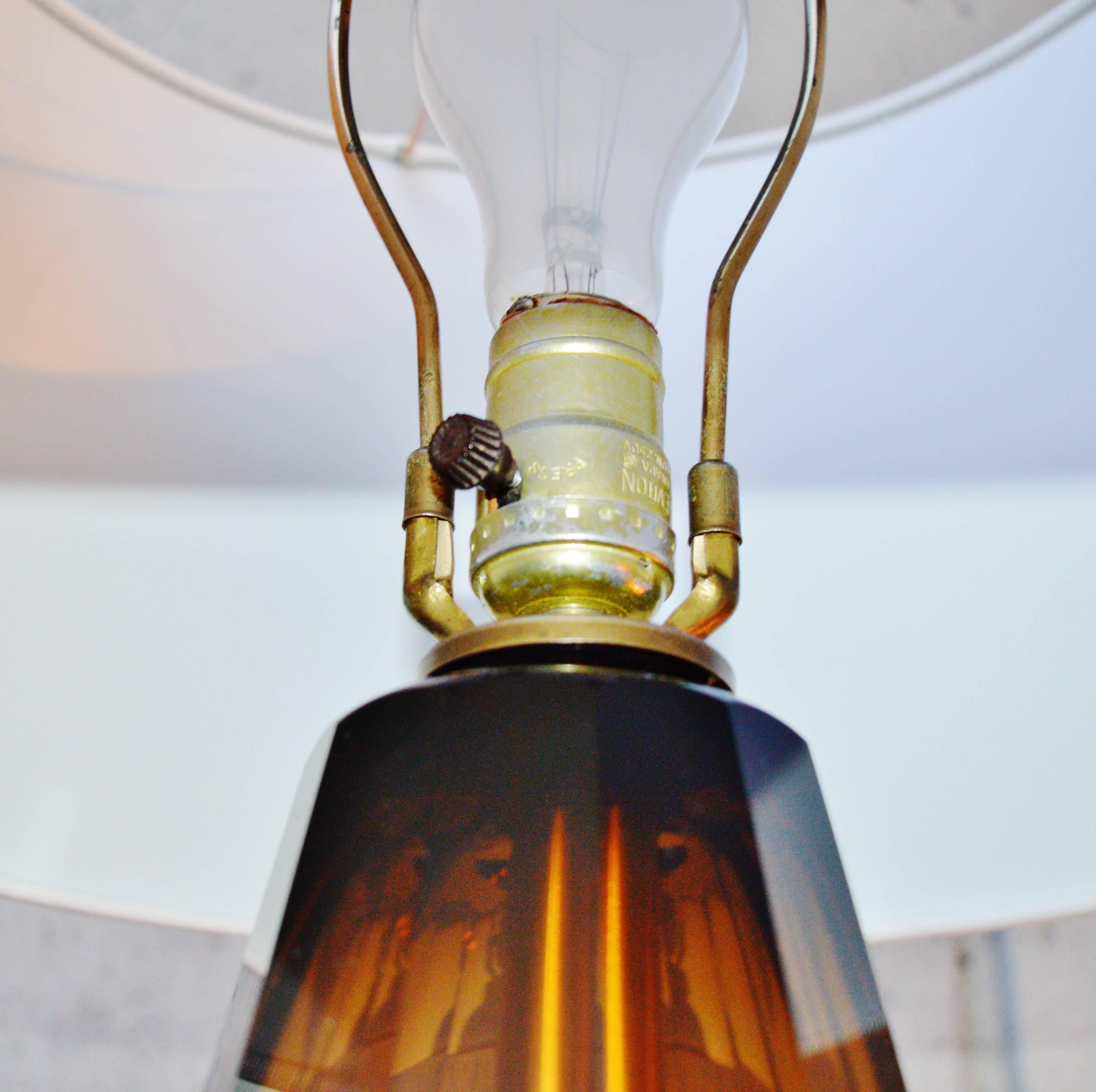 Pair Art Deco Decagonal Smoked Glass Gilded Lamps 1