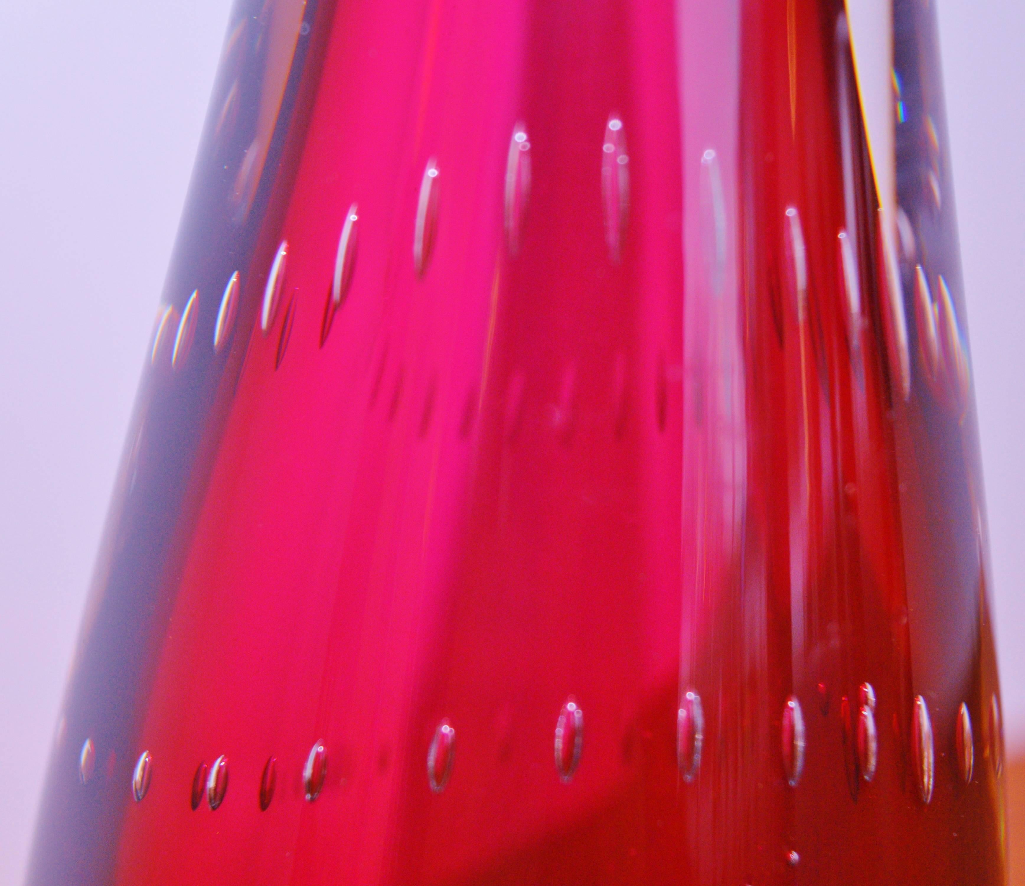 Cranberry Colored Clear Kosta Boda Signed Controlled Bubble Vase In Excellent Condition In New Westminster, British Columbia