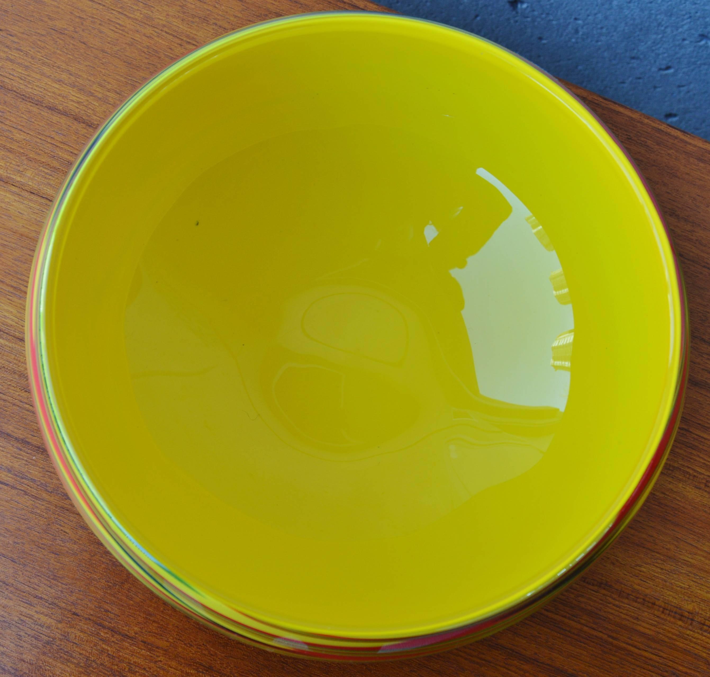 Mid-Century Modern Large Dramatic Murano Cased Glass Swirl Bowl in Yellow, Red and Green For Sale