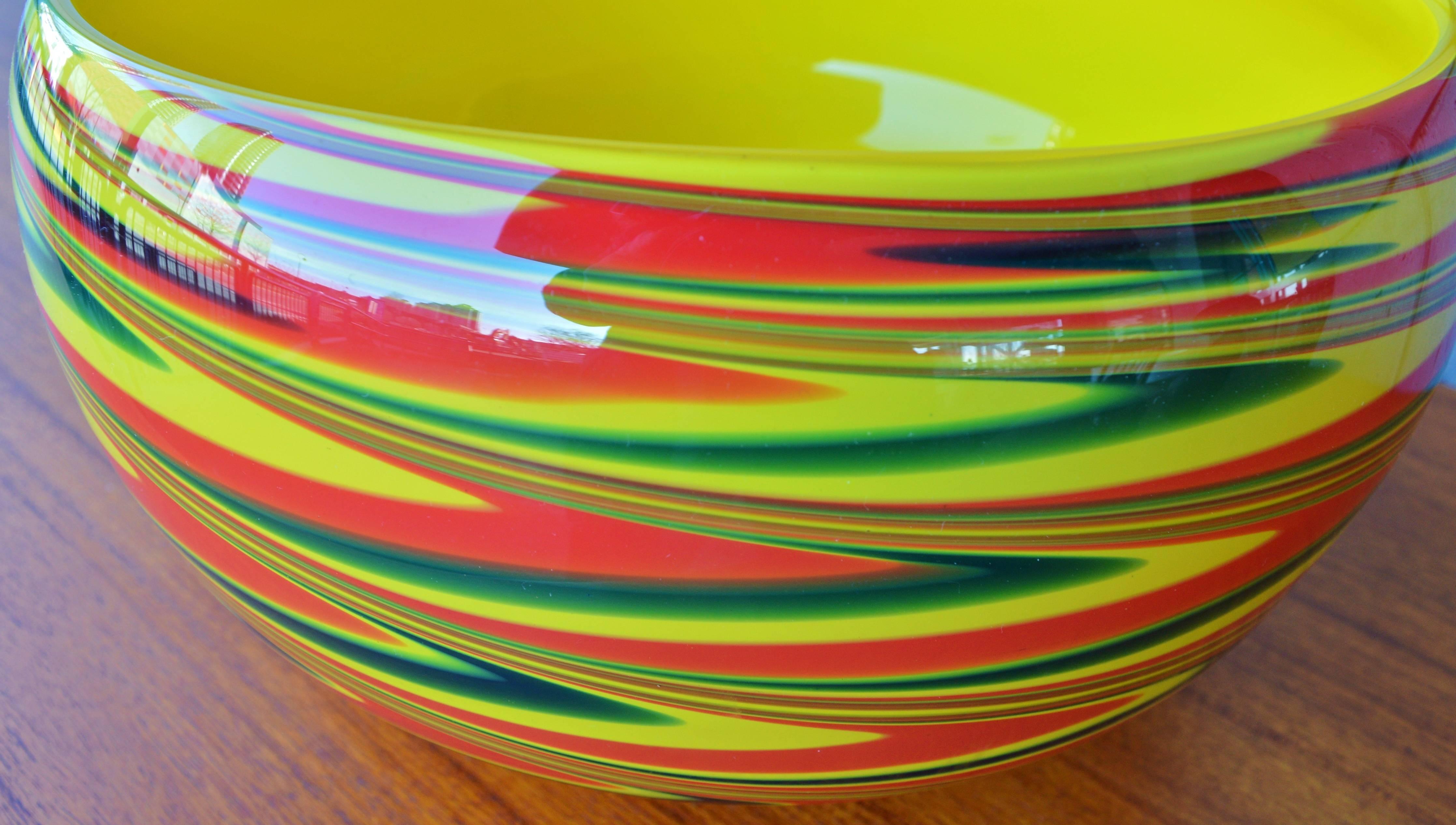 Mid-20th Century Large Dramatic Murano Cased Glass Swirl Bowl in Yellow, Red and Green For Sale