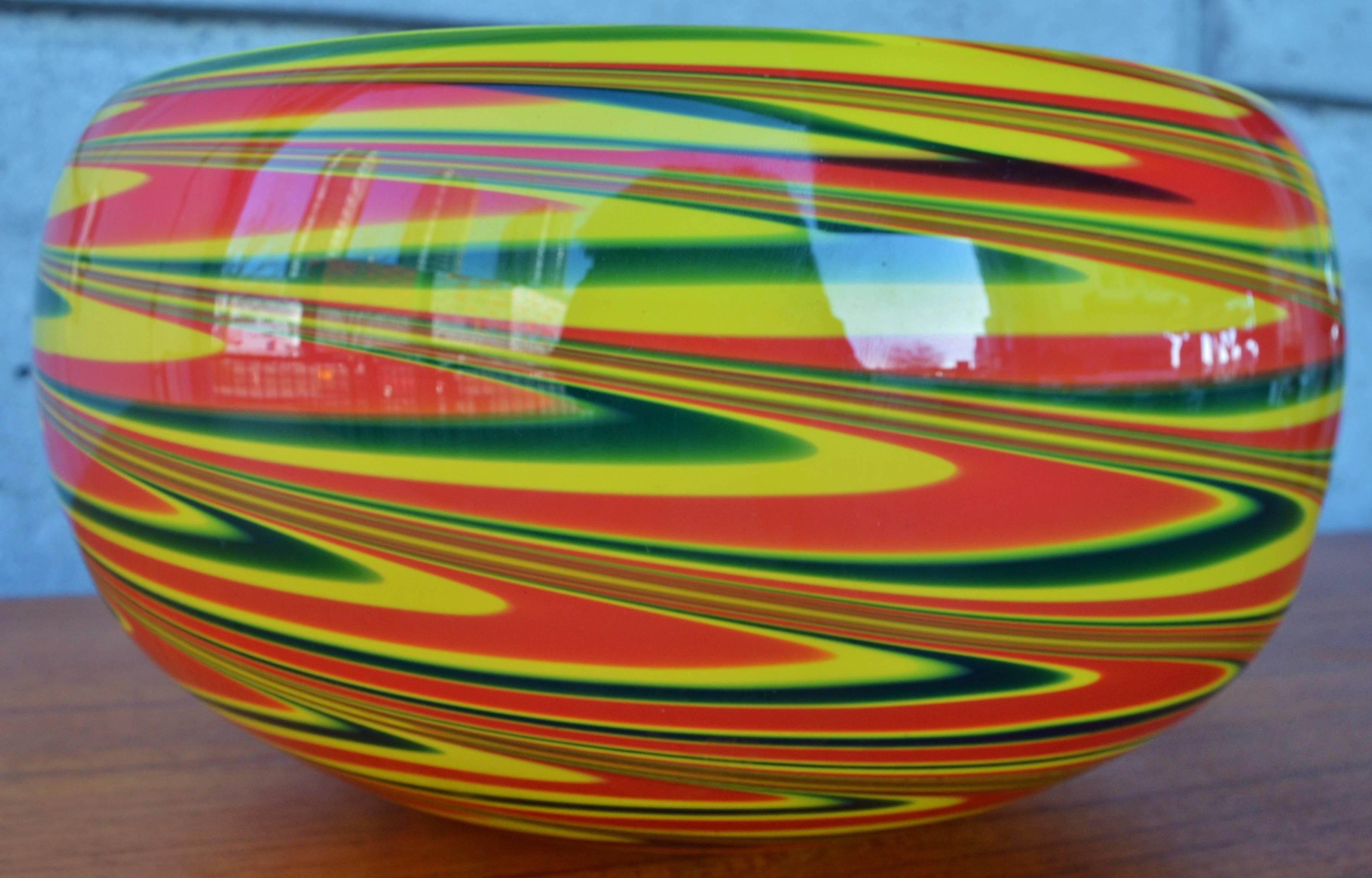 Italian Large Dramatic Murano Cased Glass Swirl Bowl in Yellow, Red and Green For Sale
