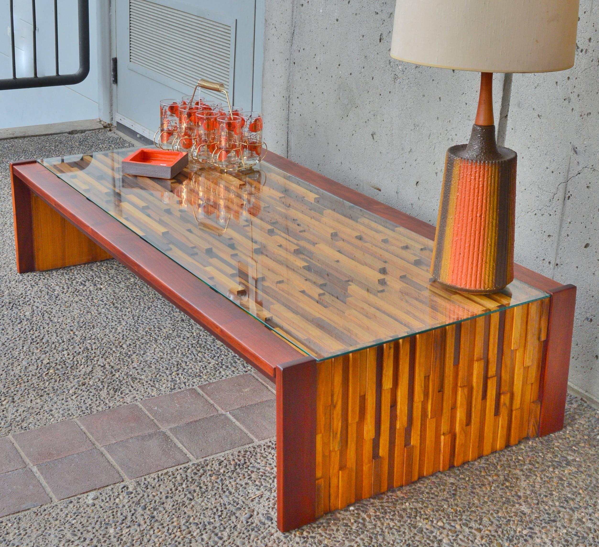 Glass Percival Lafer Brutalist Solid Exotic Hardwood Mosaic Coffee Table
