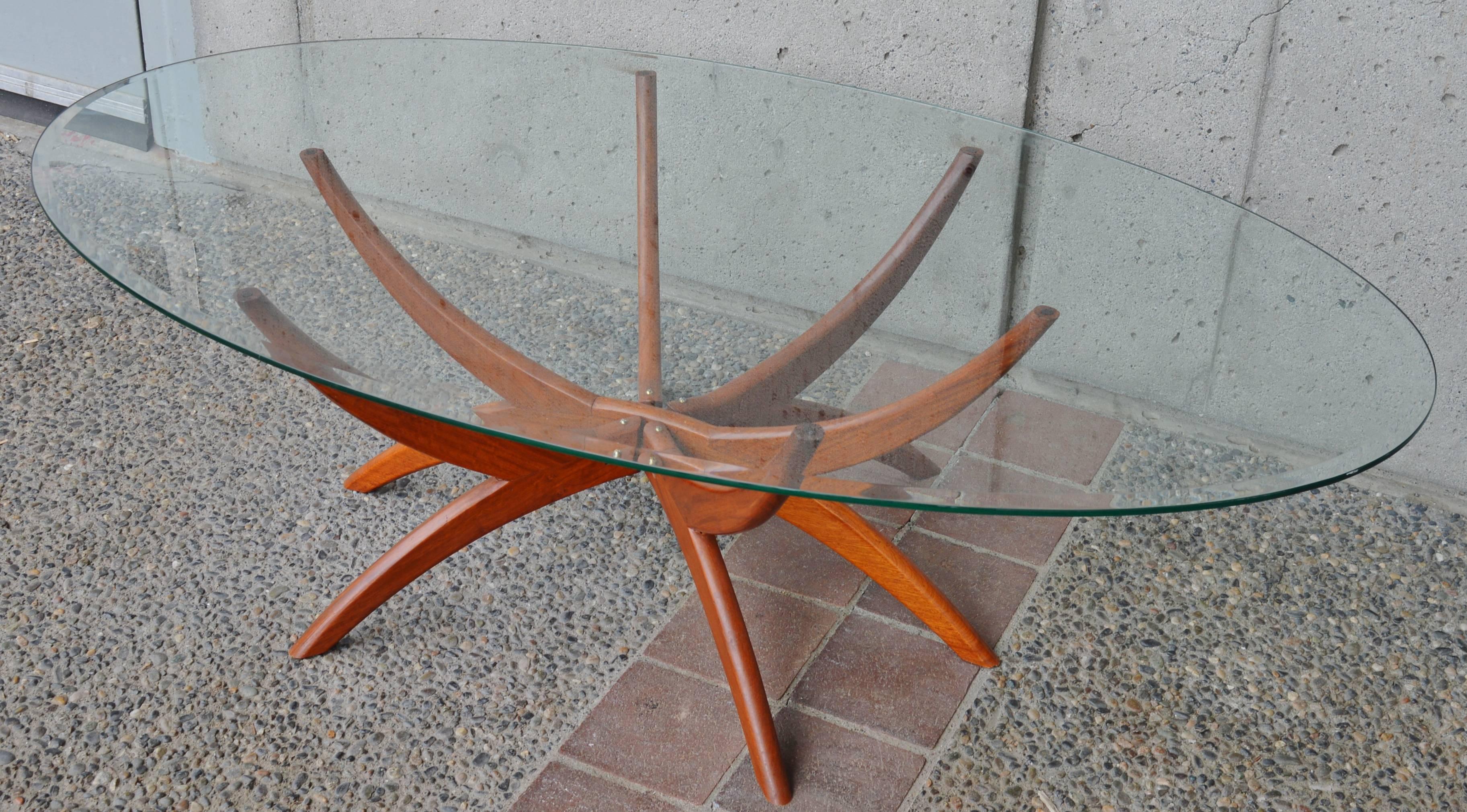 Scandinavian Modern Teak Spider Leg Coffee Table Oval Beveled Clear Glass Top