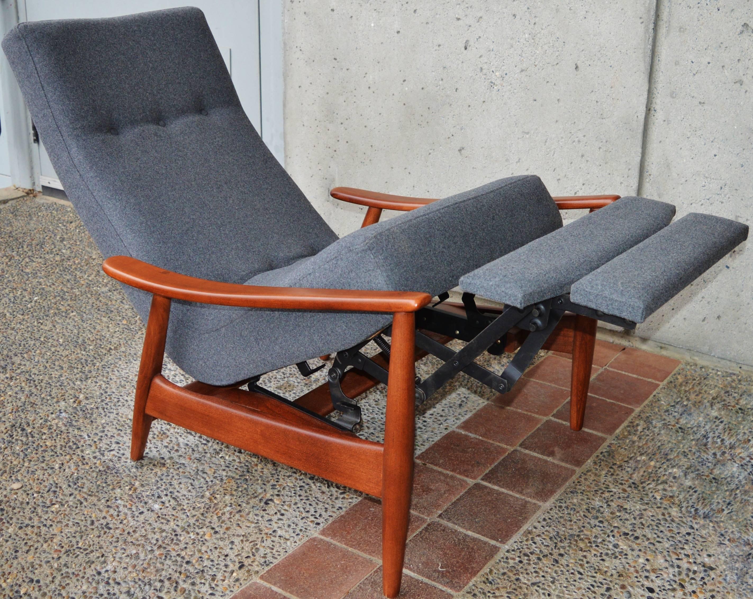 Mid-Century Modern Danish Modern Walnut Gray Wool Lazy Boy Recliner