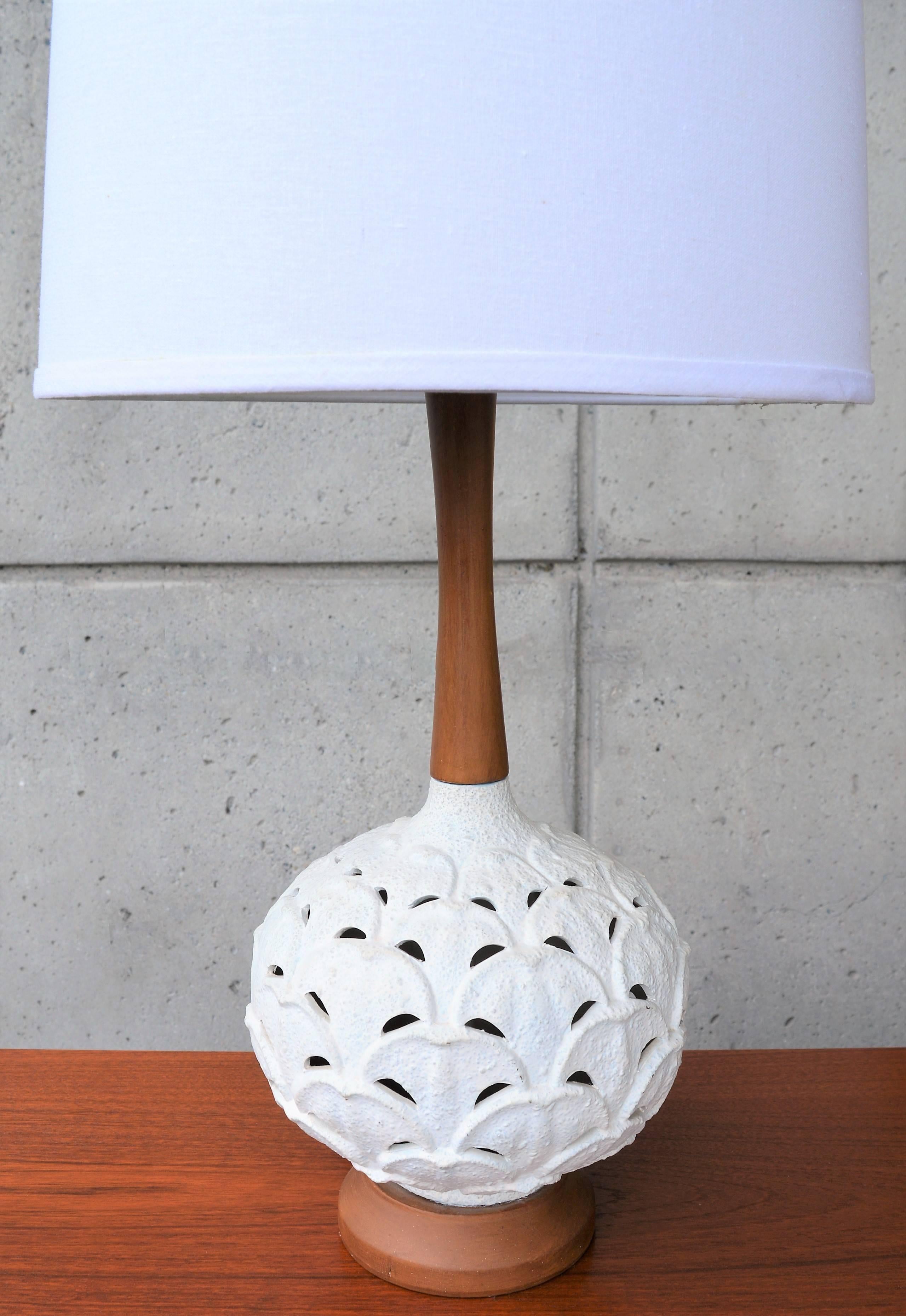 Mid-Century Modern White Petal Ceramic Lamp with Teak Accents