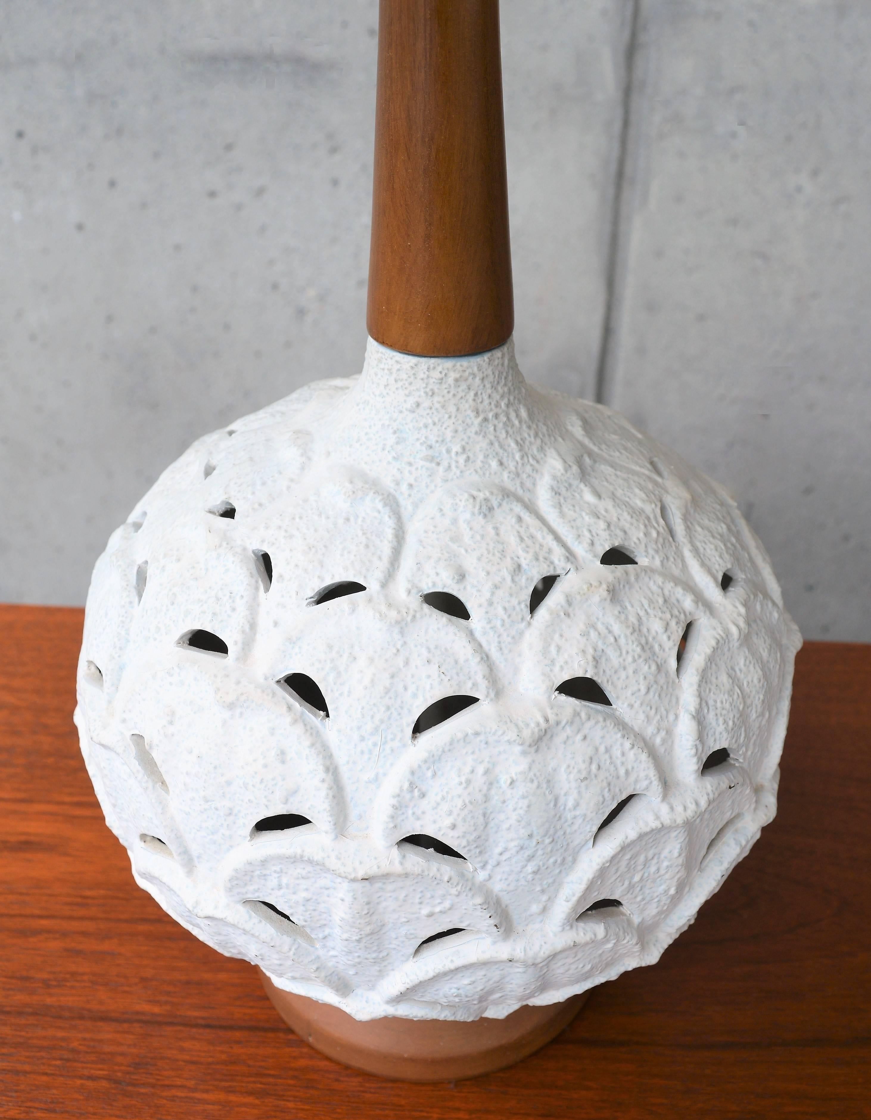 American White Petal Ceramic Lamp with Teak Accents