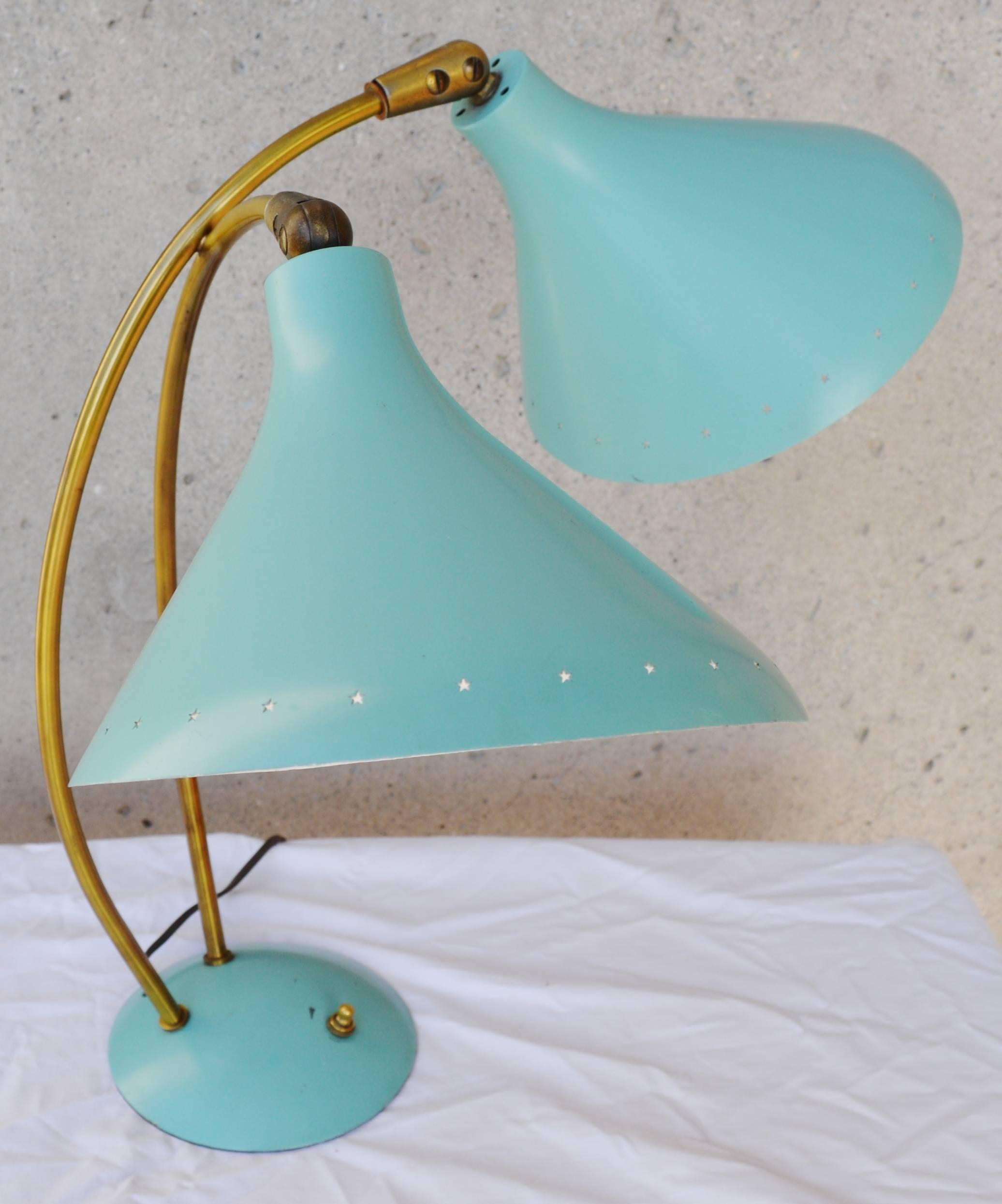 Mid-Century Modern Italian Double Sky Blue and Brass Metal Lamp in the Style of Stilnovo For Sale