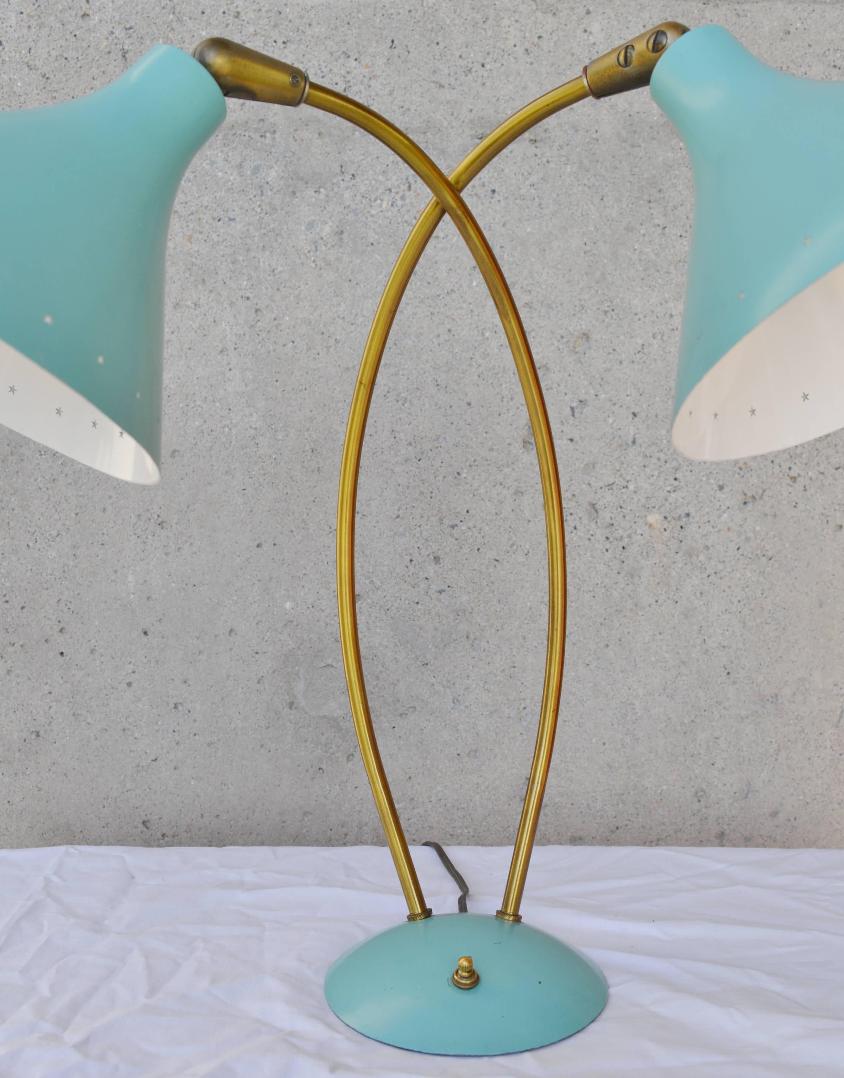 Mid-20th Century Italian Double Sky Blue and Brass Metal Lamp in the Style of Stilnovo For Sale