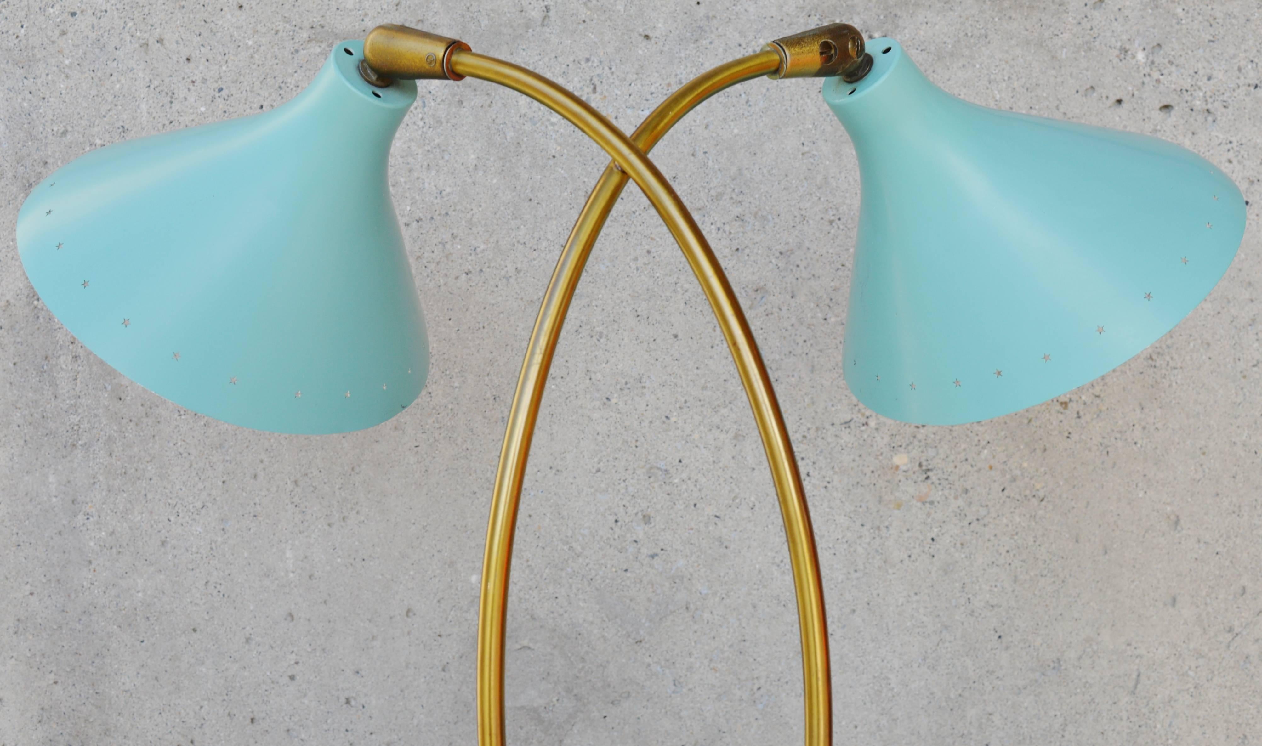 Italian Double Sky Blue and Brass Metal Lamp in the Style of Stilnovo For Sale 2
