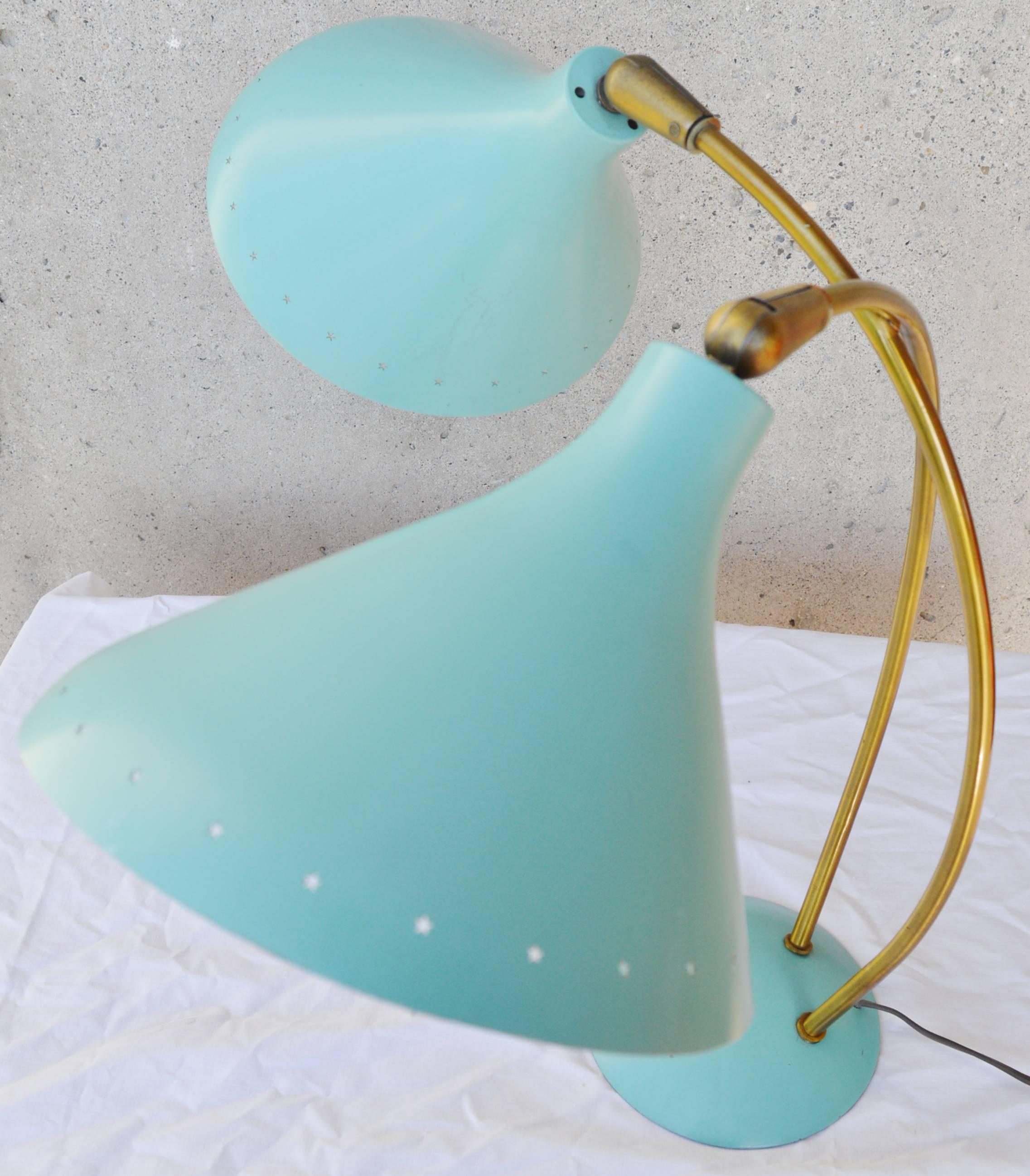 Italian Double Sky Blue and Brass Metal Lamp in the Style of Stilnovo For Sale 3