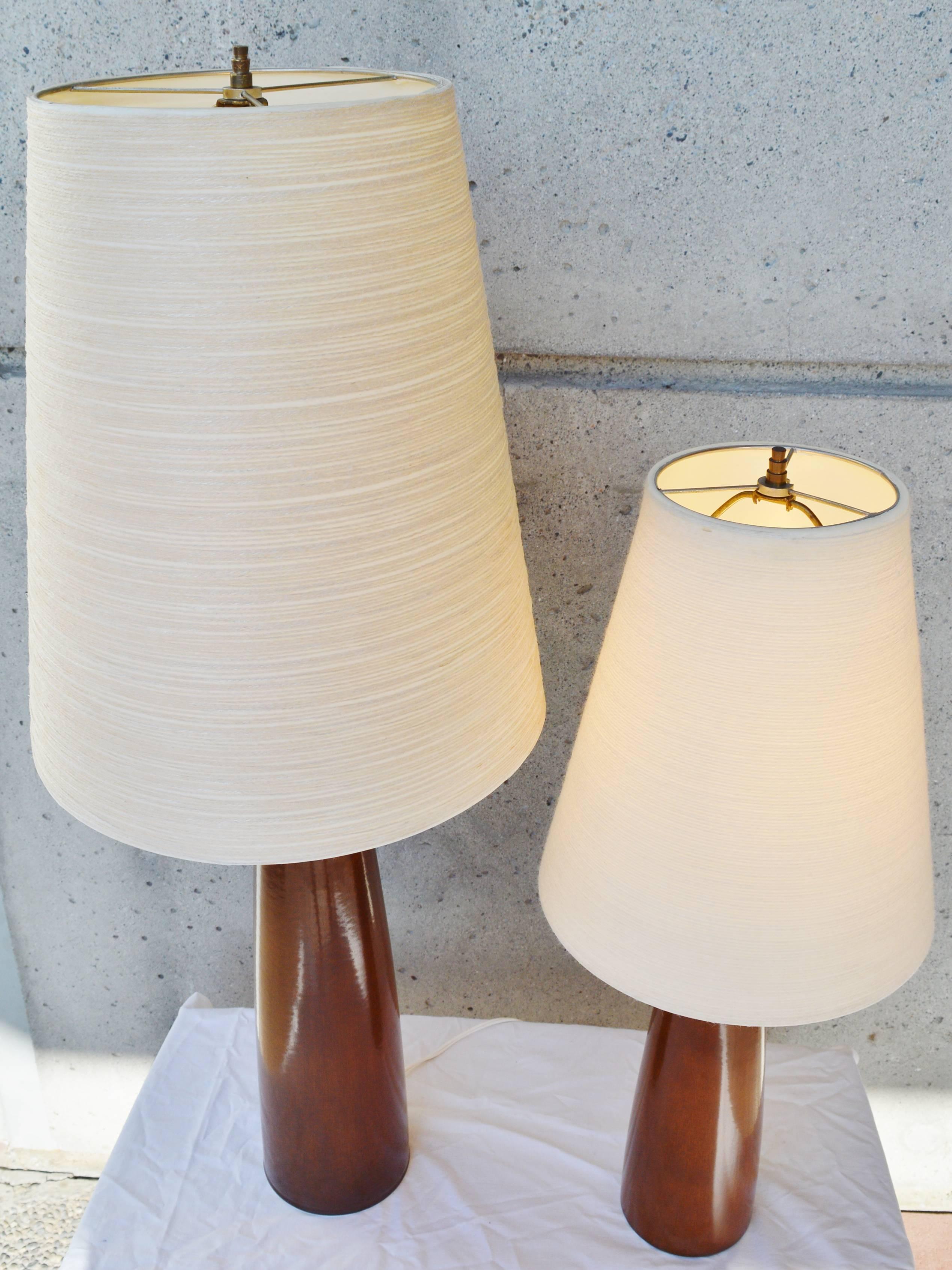 Canadian Pair of Lotte & Gunnar Bostlund Ceramic Lamps with Original Shades and Finials