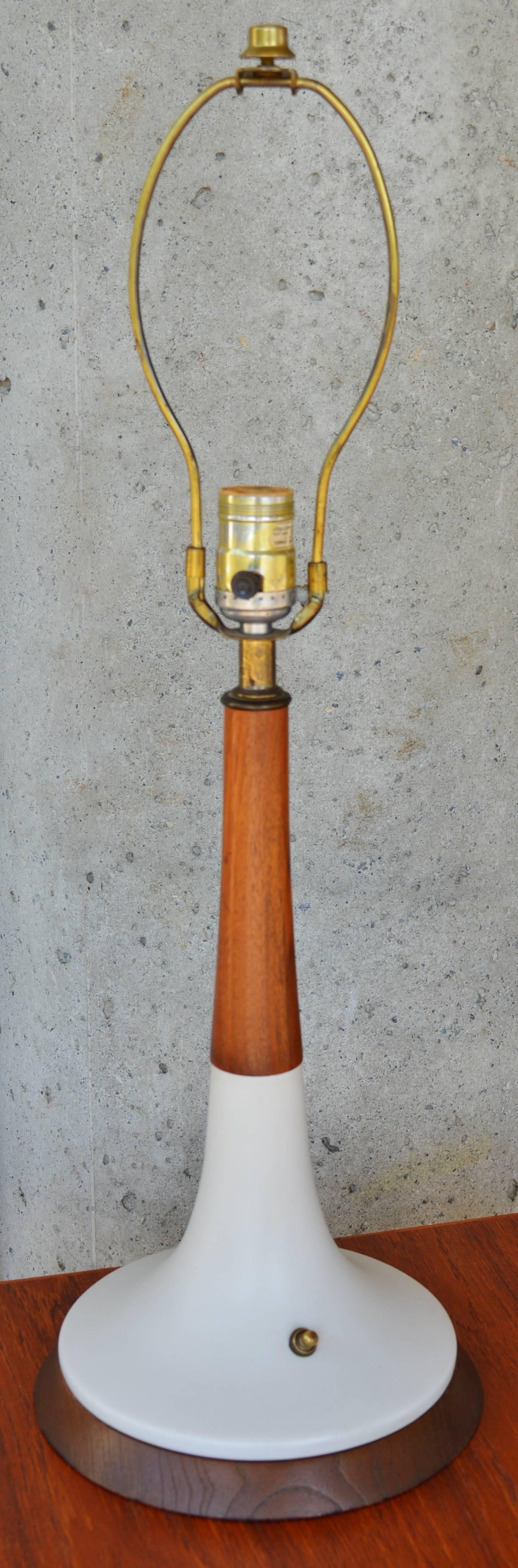 Brass Unique Cream Pottery, Walnut and Teak Genie Table Lamp