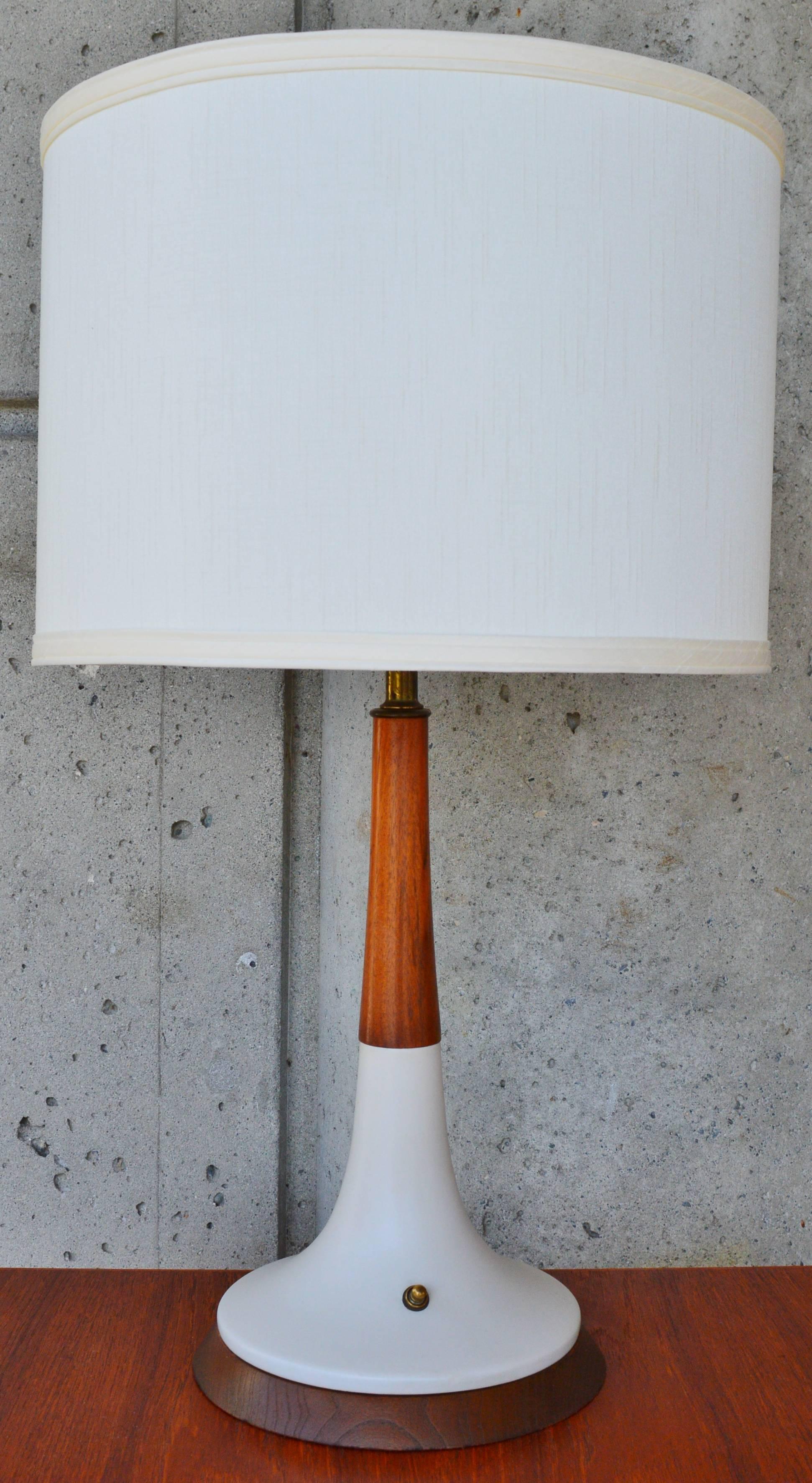 Unique Cream Pottery, Walnut and Teak Genie Table Lamp 1