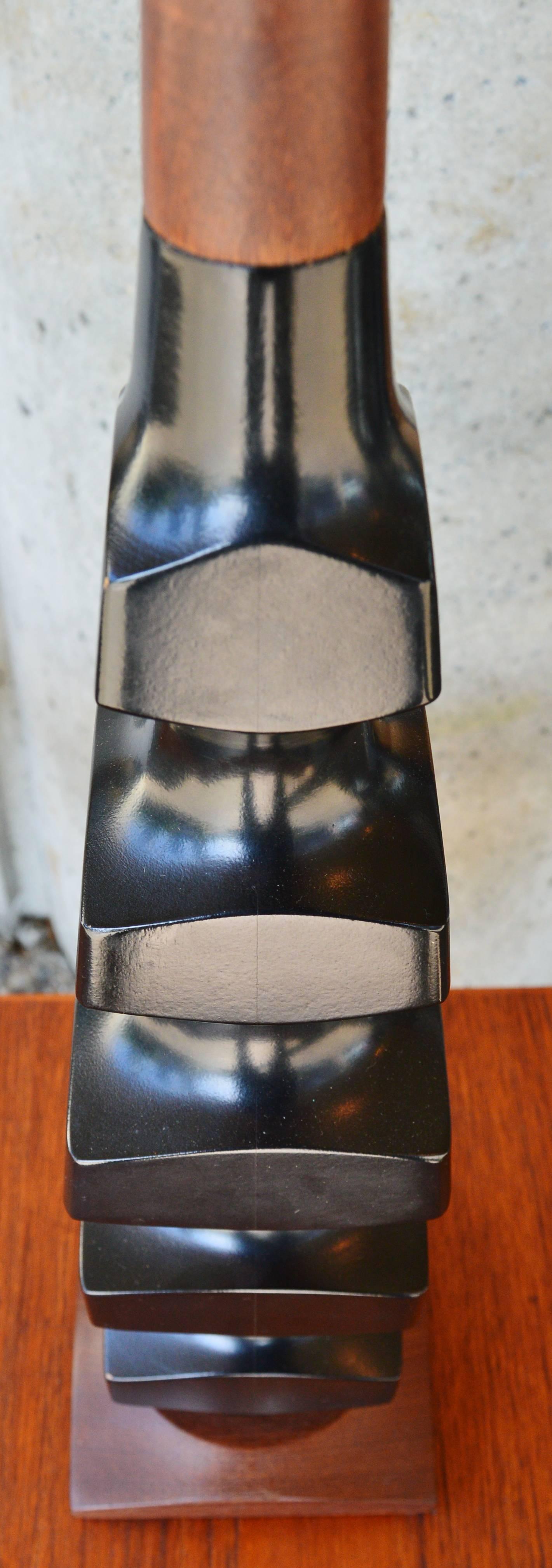Painted Architectural Faceted Geometric Stacked Black and Walnut Table Lamp For Sale