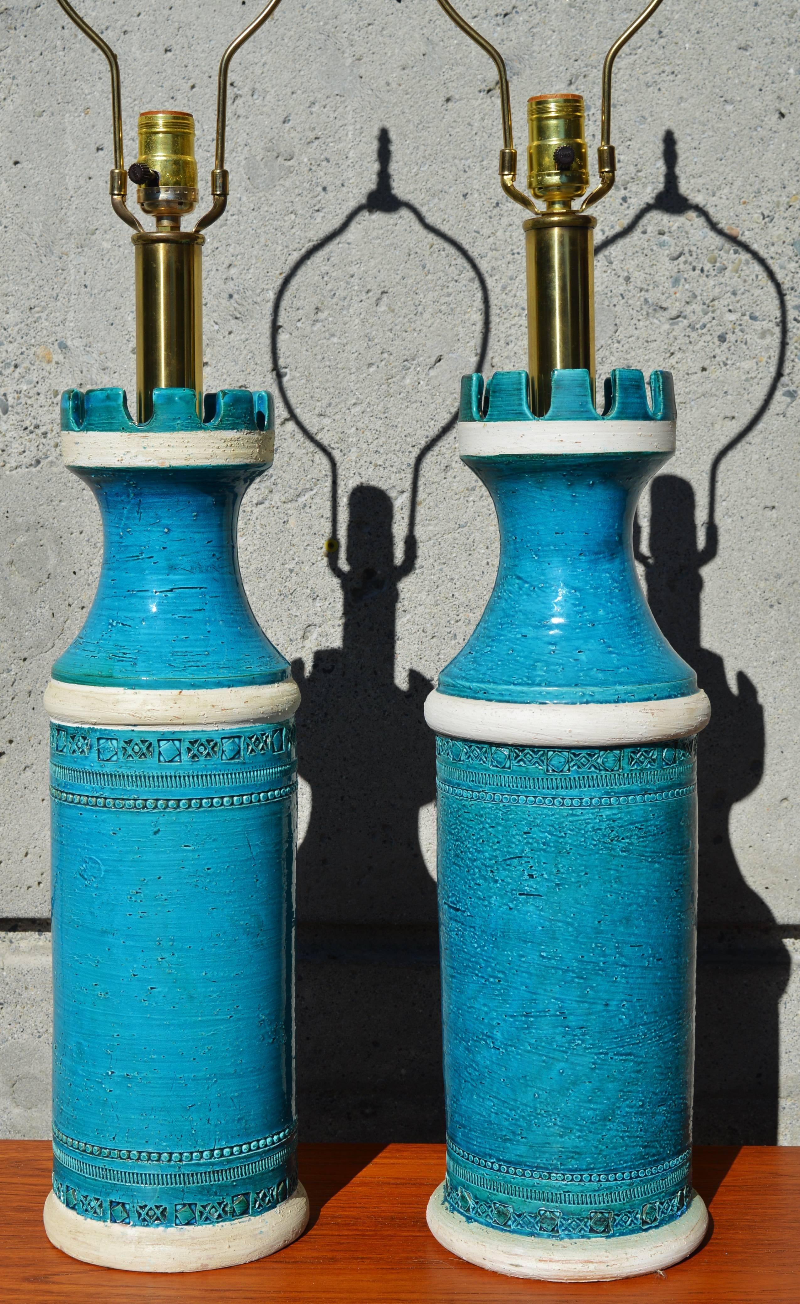 Mid-20th Century Pair of Bitossi Rimini Blue Ceramic Castle Lamps, Italian