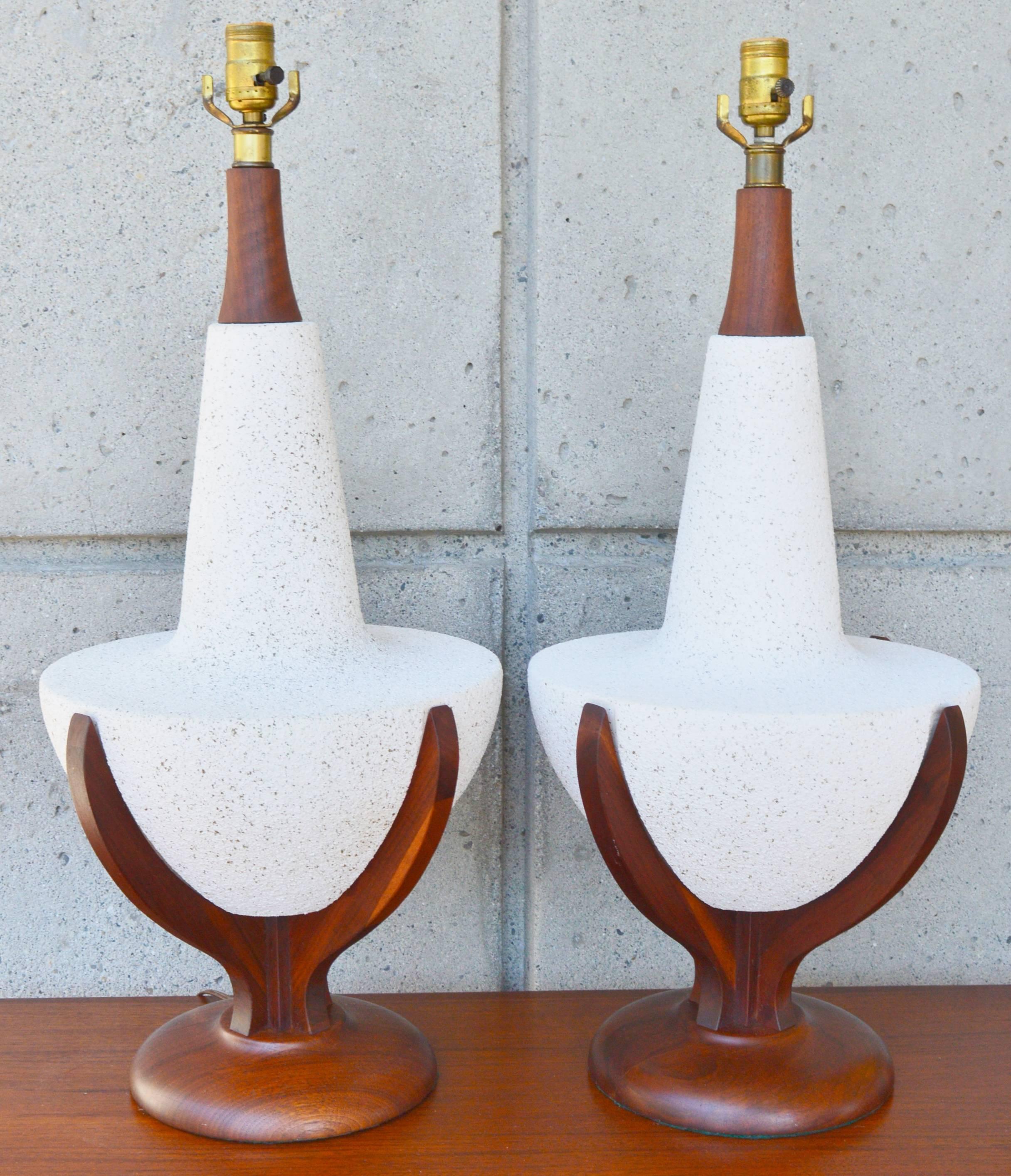 Pair of Mid-Century Walnut Speckle Ceramic Large Lamps 2