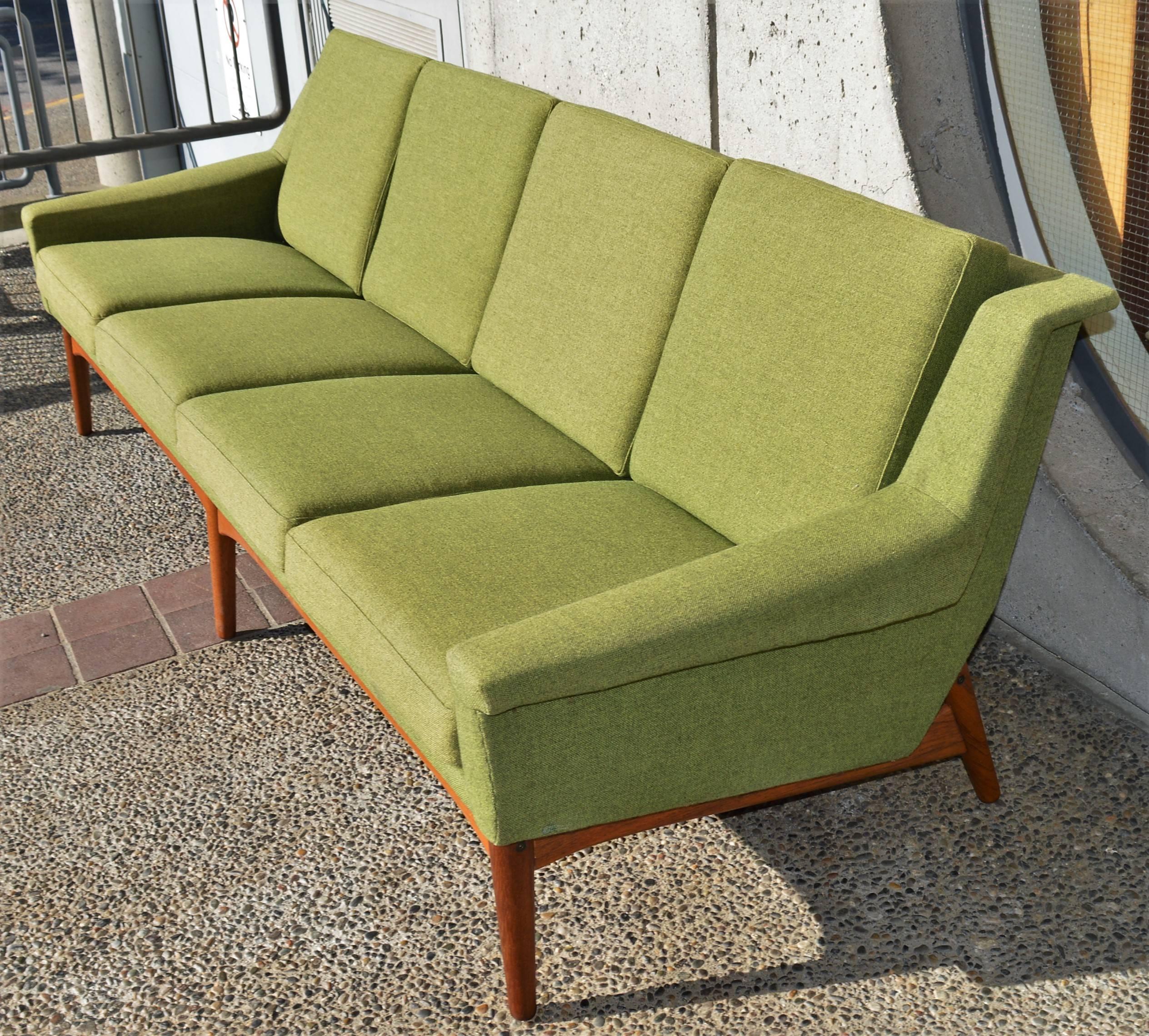 Bramin Teak Base Sofa and Lounge Chair in Sage Green Wool In Excellent Condition In New Westminster, British Columbia