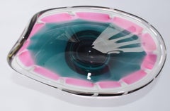 Paul Kedelv for Flygsfors Art Glass Dish Blue Pink Clear Signed