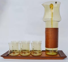 Goran Warff Pukeberg Amber Glass Pitcher & Six Glasses, Stir Stick & Teak Tray