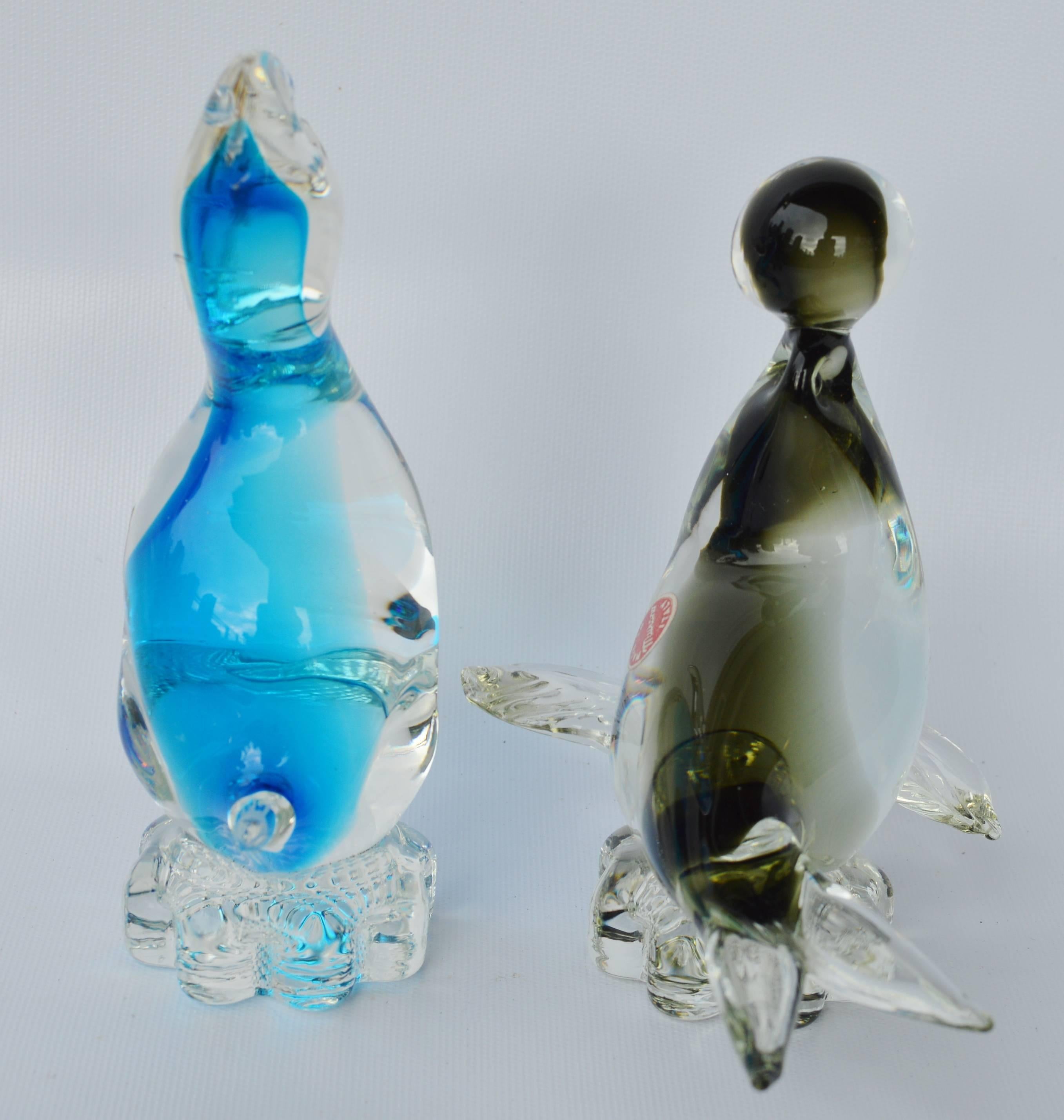 Mid-Century Modern Murano Glass Figurines, Pelican in Blue and Seal in Smoked Glass For Sale