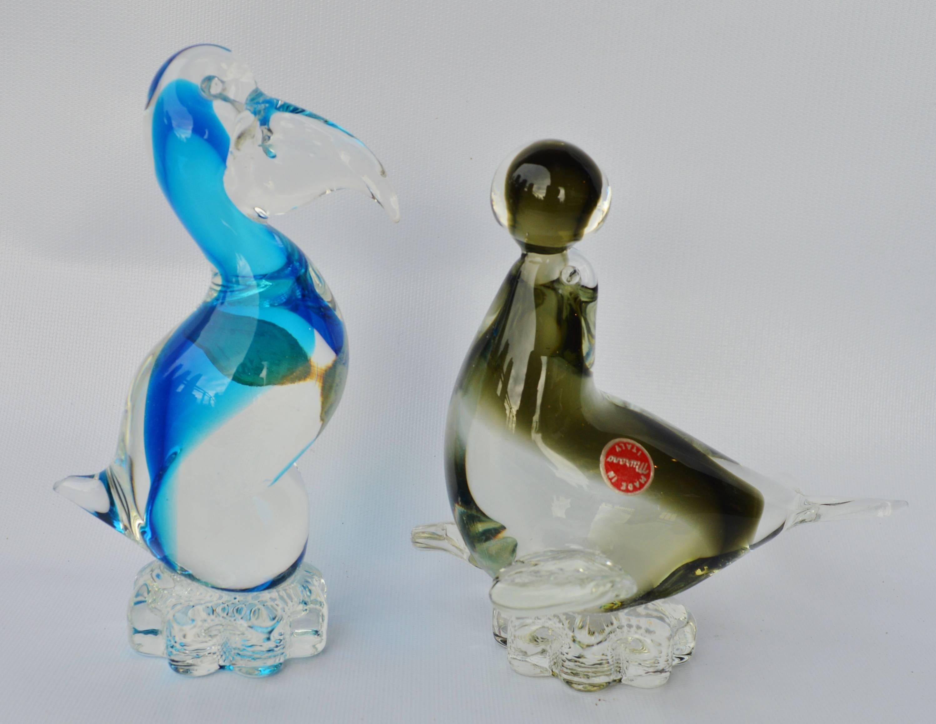 Murano Glass Figurines, Pelican in Blue and Seal in Smoked Glass In Excellent Condition For Sale In New Westminster, British Columbia