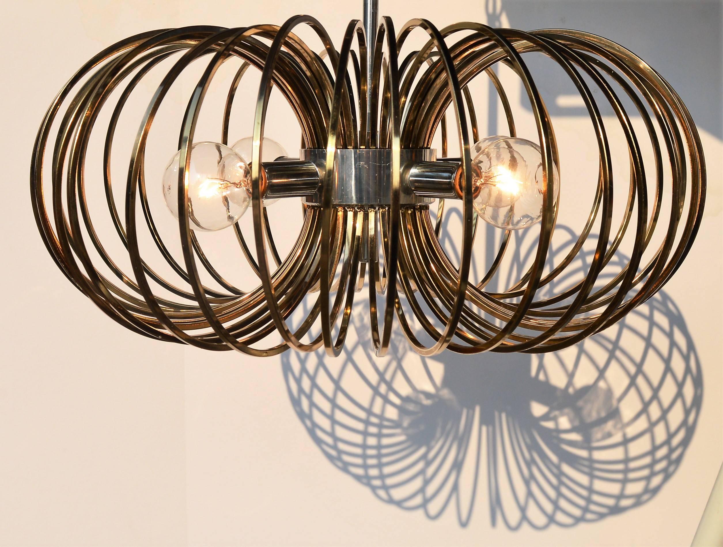 Mid-Century Modern Sciolari Brass and Chrome Cage Pendant Light by Lightolier For Sale
