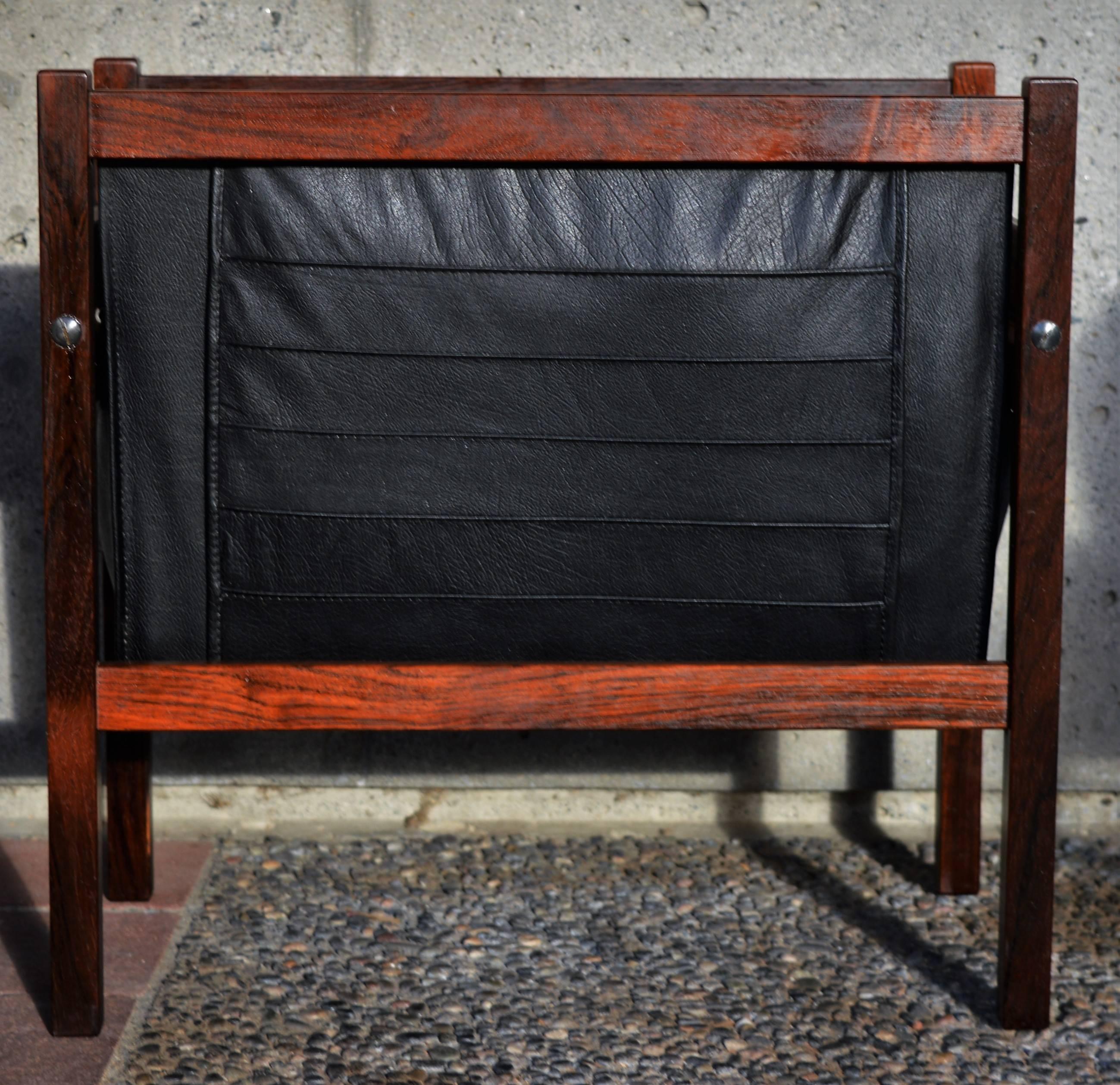 Danish Modern Rosewood and Black Leather Magazine Rack For Sale 2