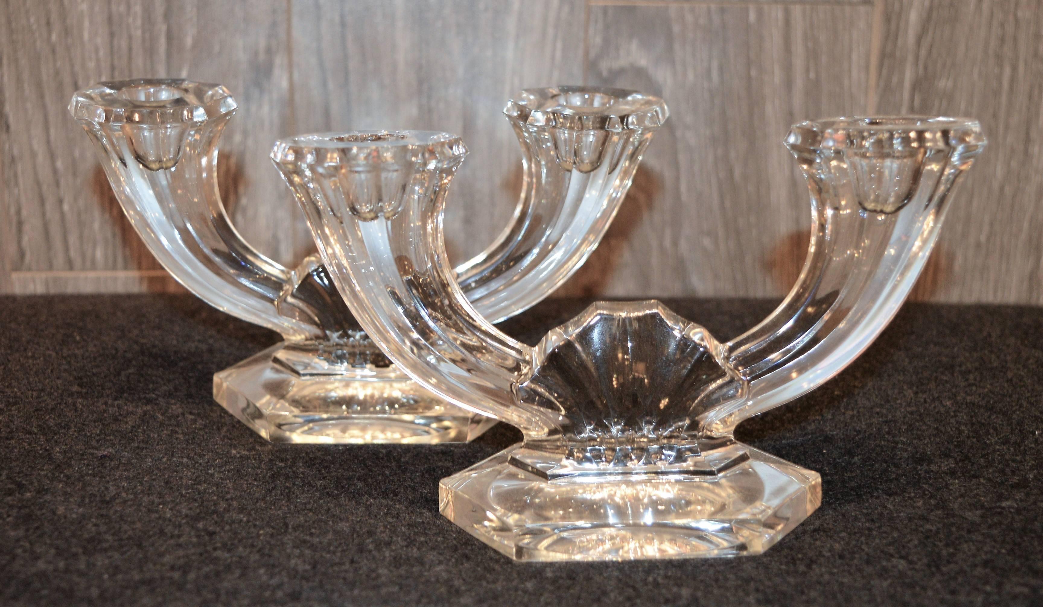 Belgian Pair of Val Saint Lambert Belgium Crystal Art Deco Double Candlesticks For Sale
