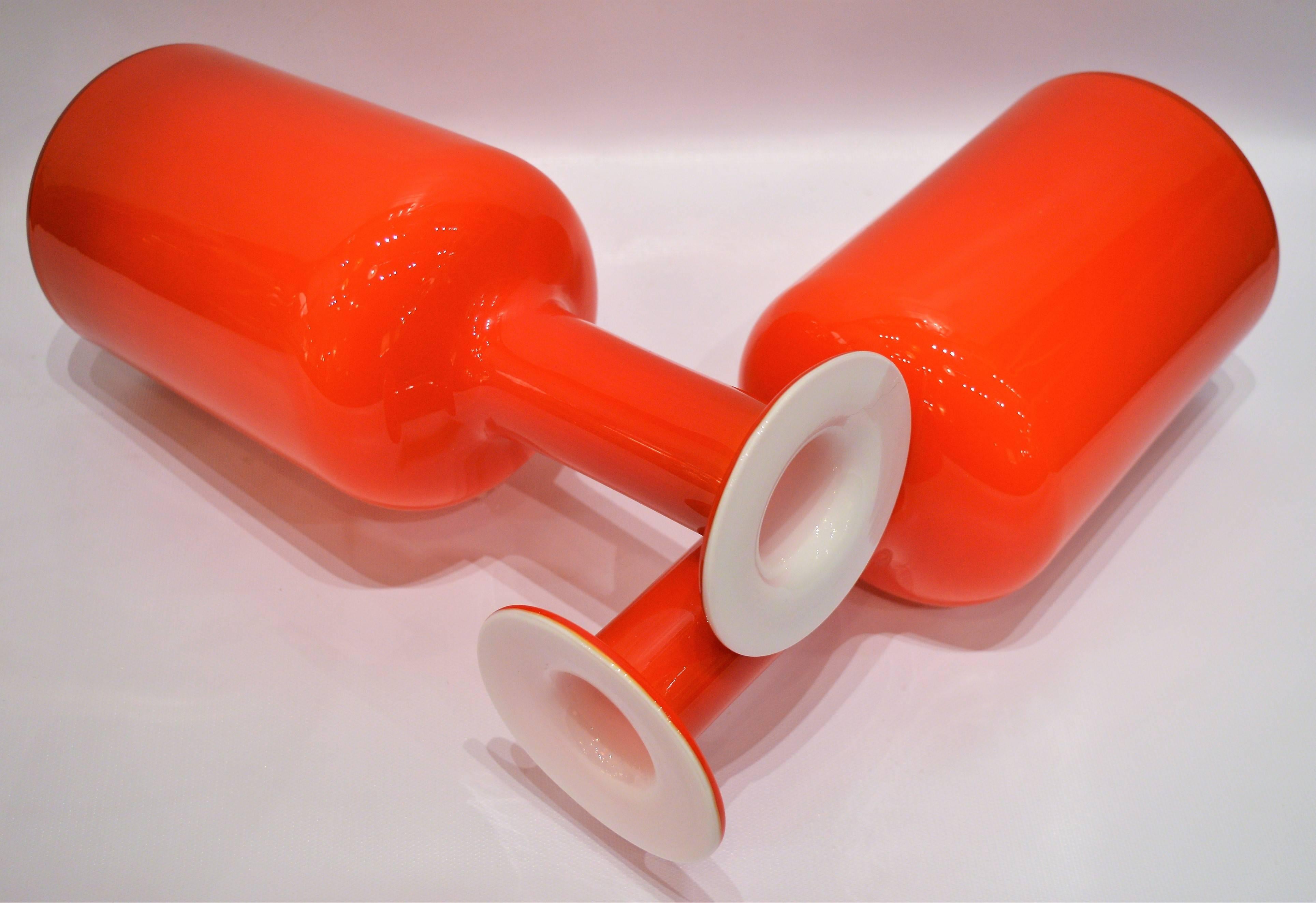 Pair of Danish Orange Holmegaard Gulvases Cased in White, Otto Brauer For Sale 1