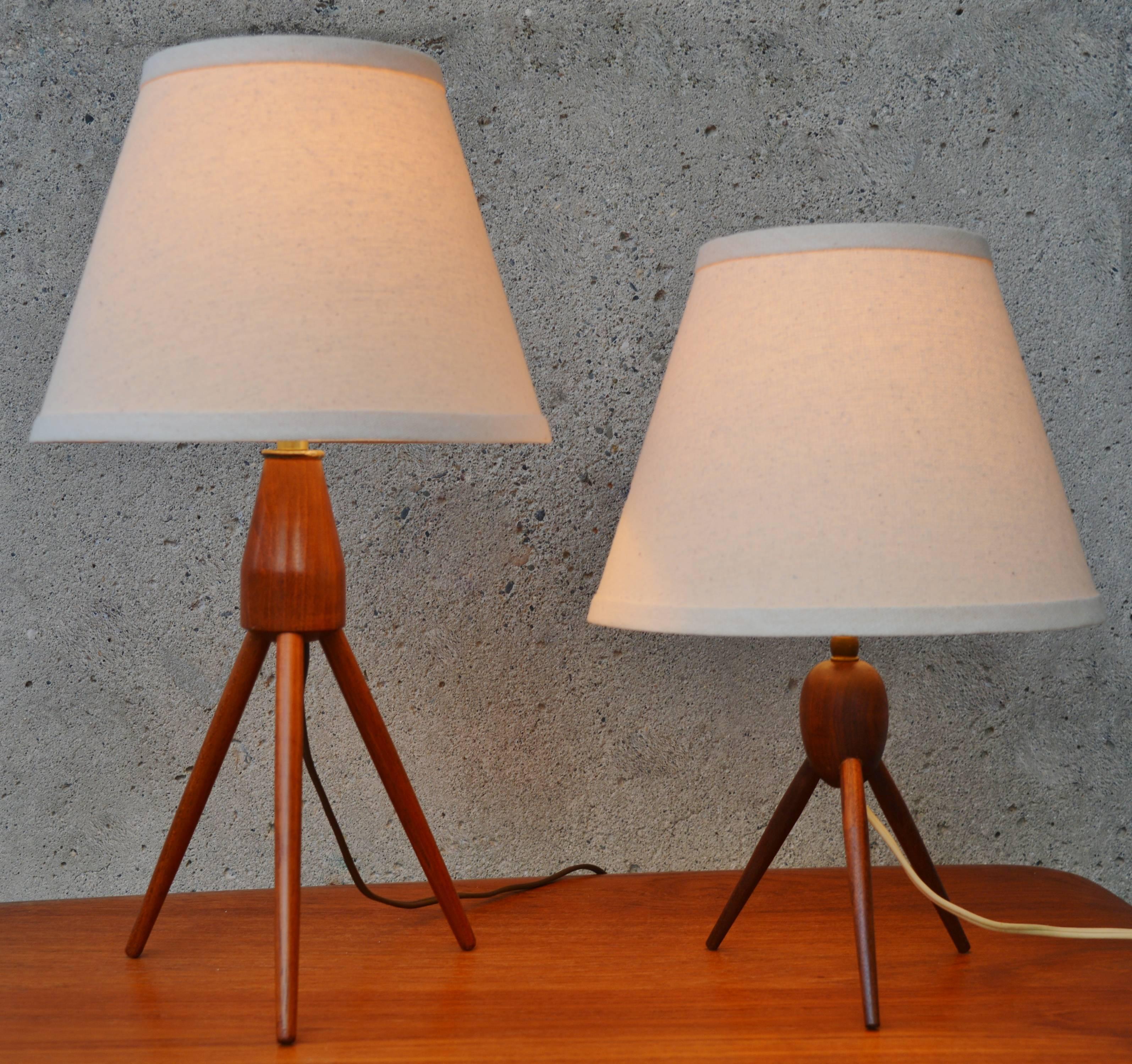 Linen Two Danish Modern Teak Tripod Table Lamps New Conical Shades