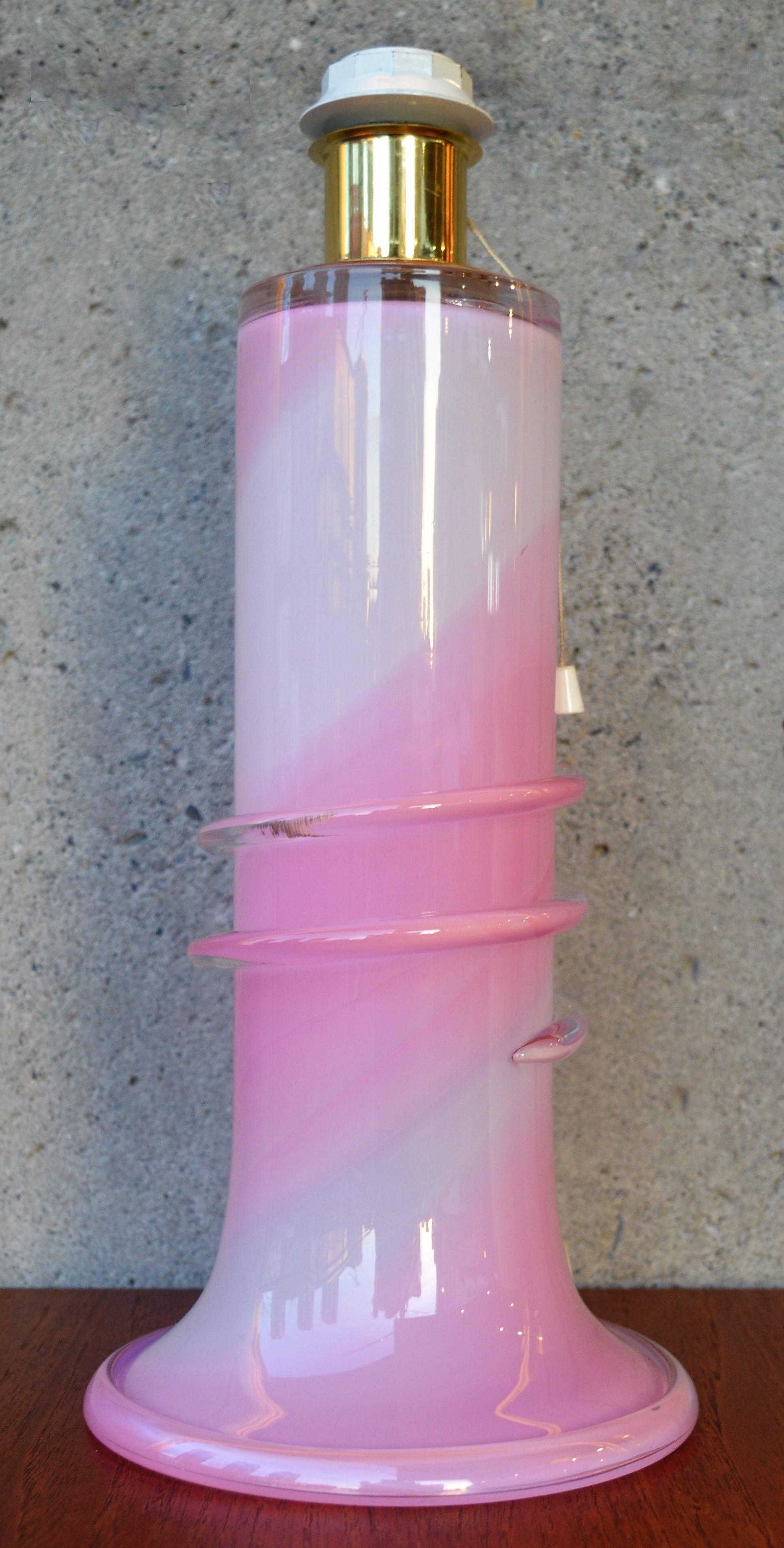 Swedish Pink and White Swirl Art Glass Lamp by Studio Ahus, Sweden, 1985 For Sale