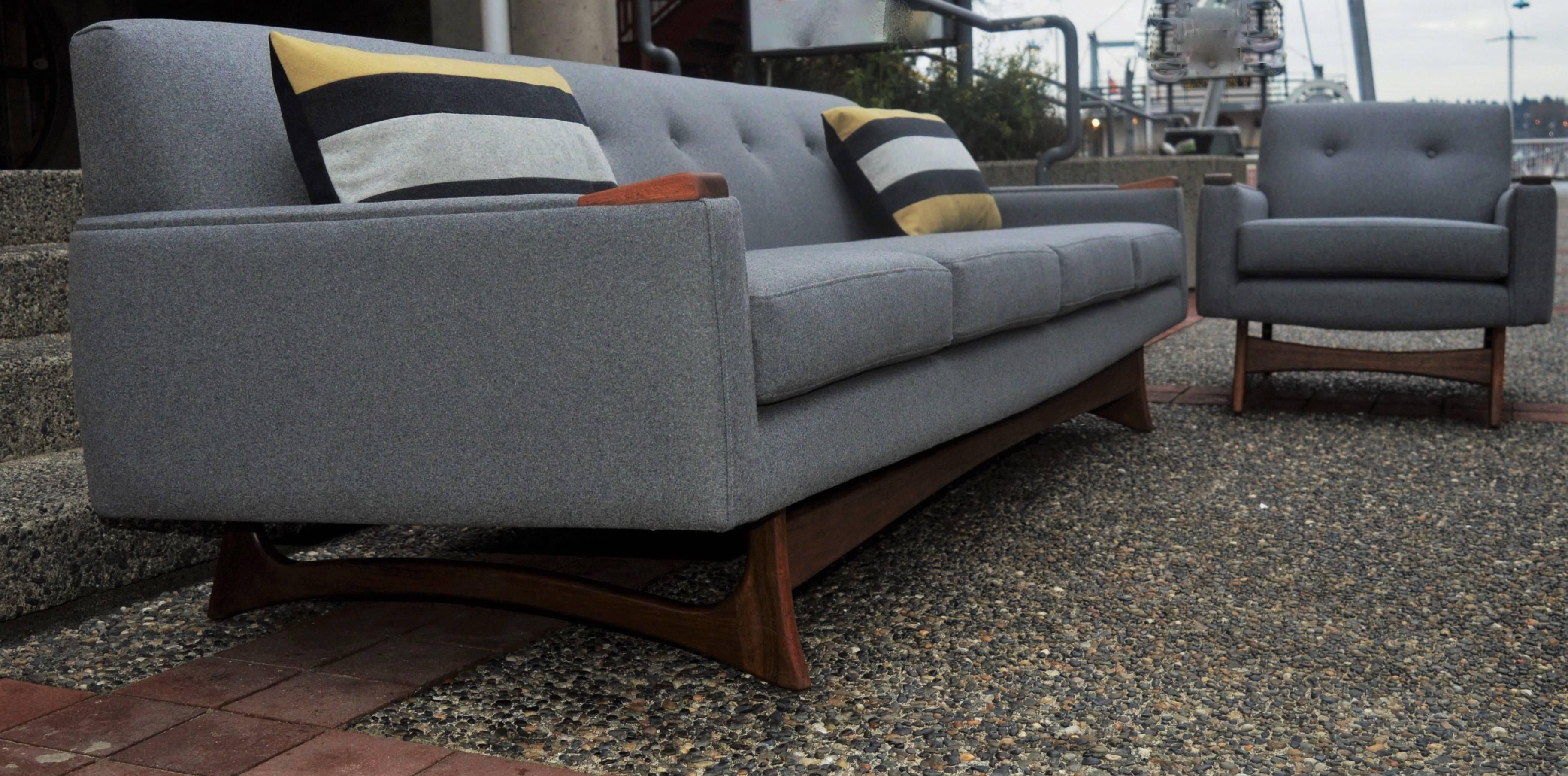 Upholstery Adrian Pearsall Attributed Grey Wool Sofa & Lounge Chair-Walnut Base & Armrests