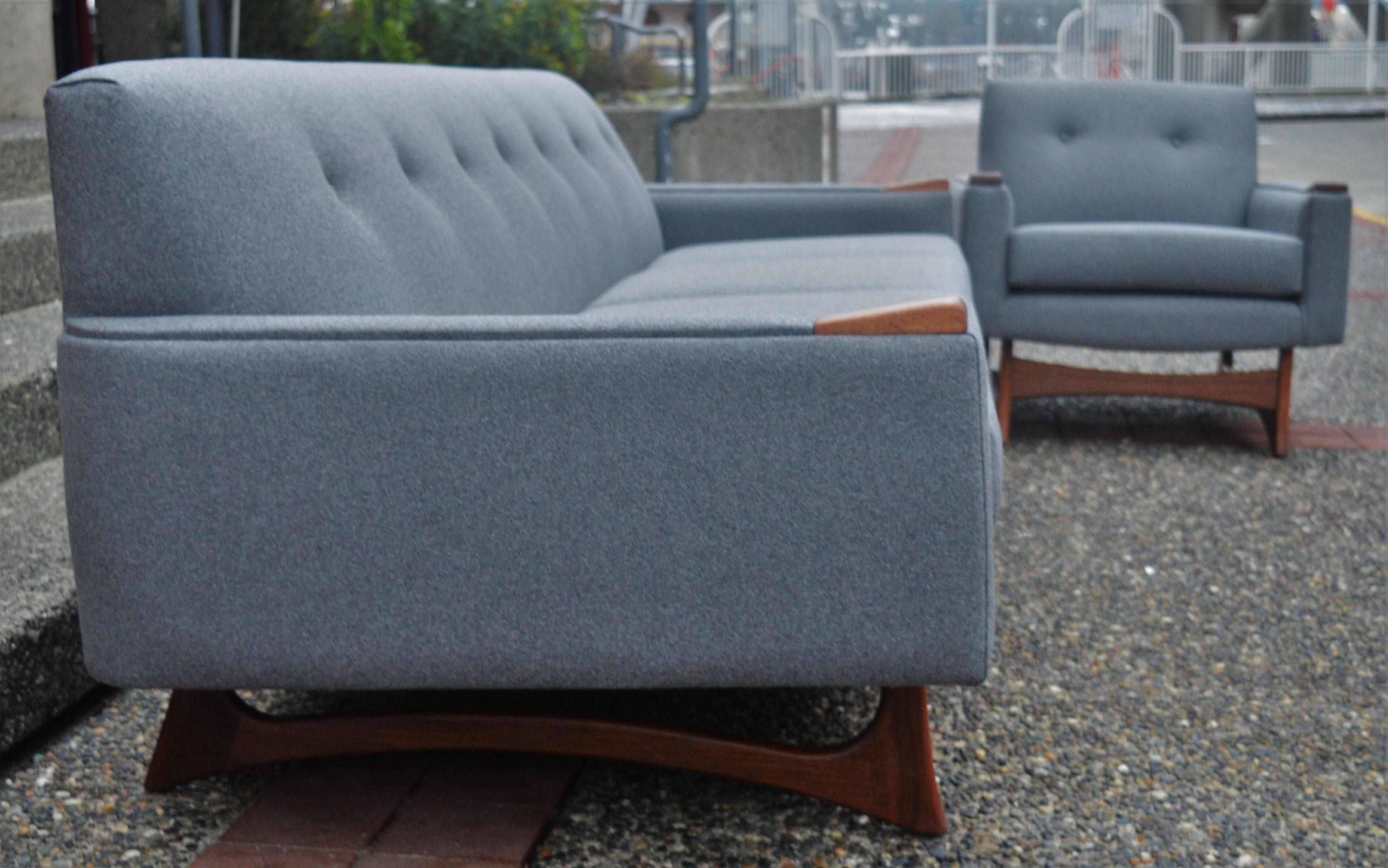 Mid-20th Century Adrian Pearsall Attributed Grey Wool Sofa & Lounge Chair-Walnut Base & Armrests