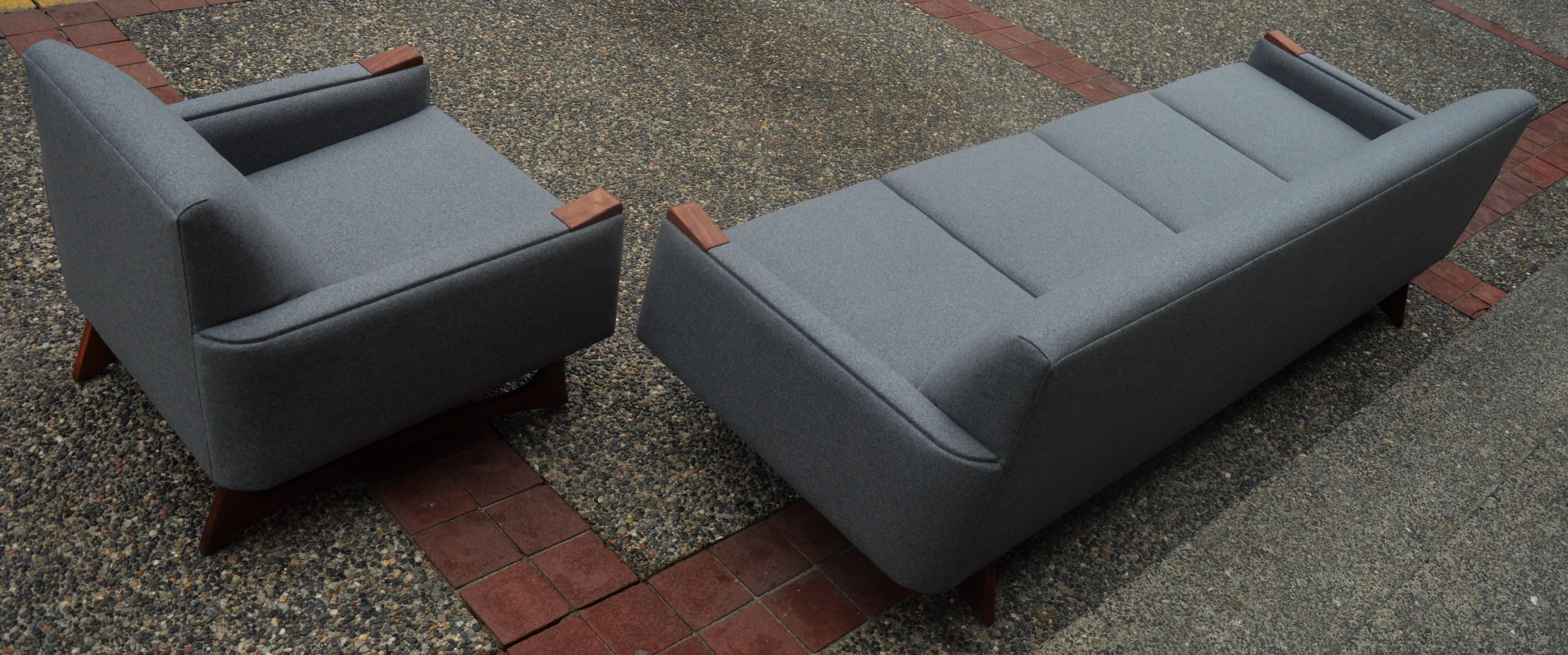 Adrian Pearsall Attributed Grey Wool Sofa & Lounge Chair-Walnut Base & Armrests 2