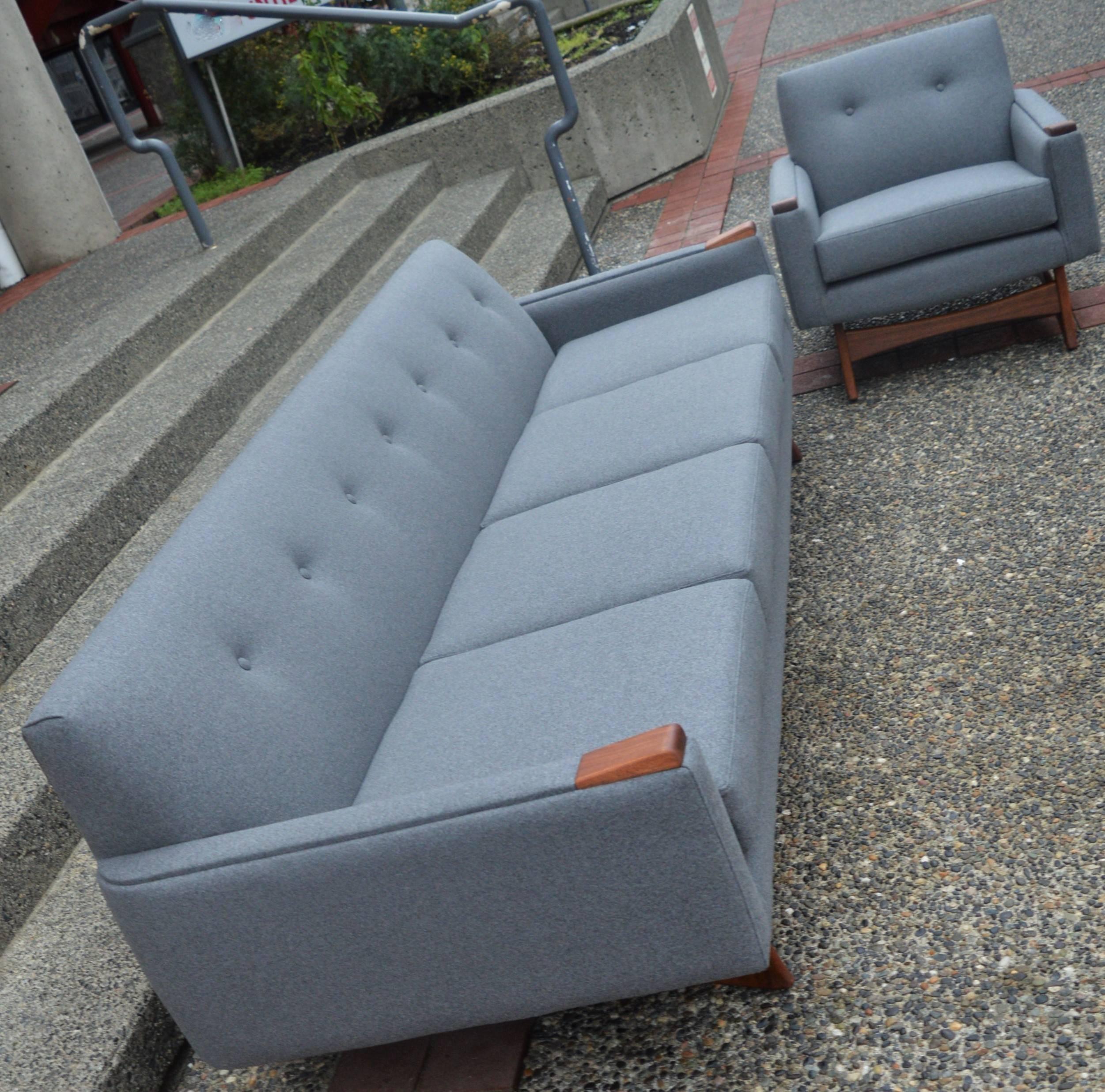 Adrian Pearsall Attributed Grey Wool Sofa & Lounge Chair-Walnut Base & Armrests 3
