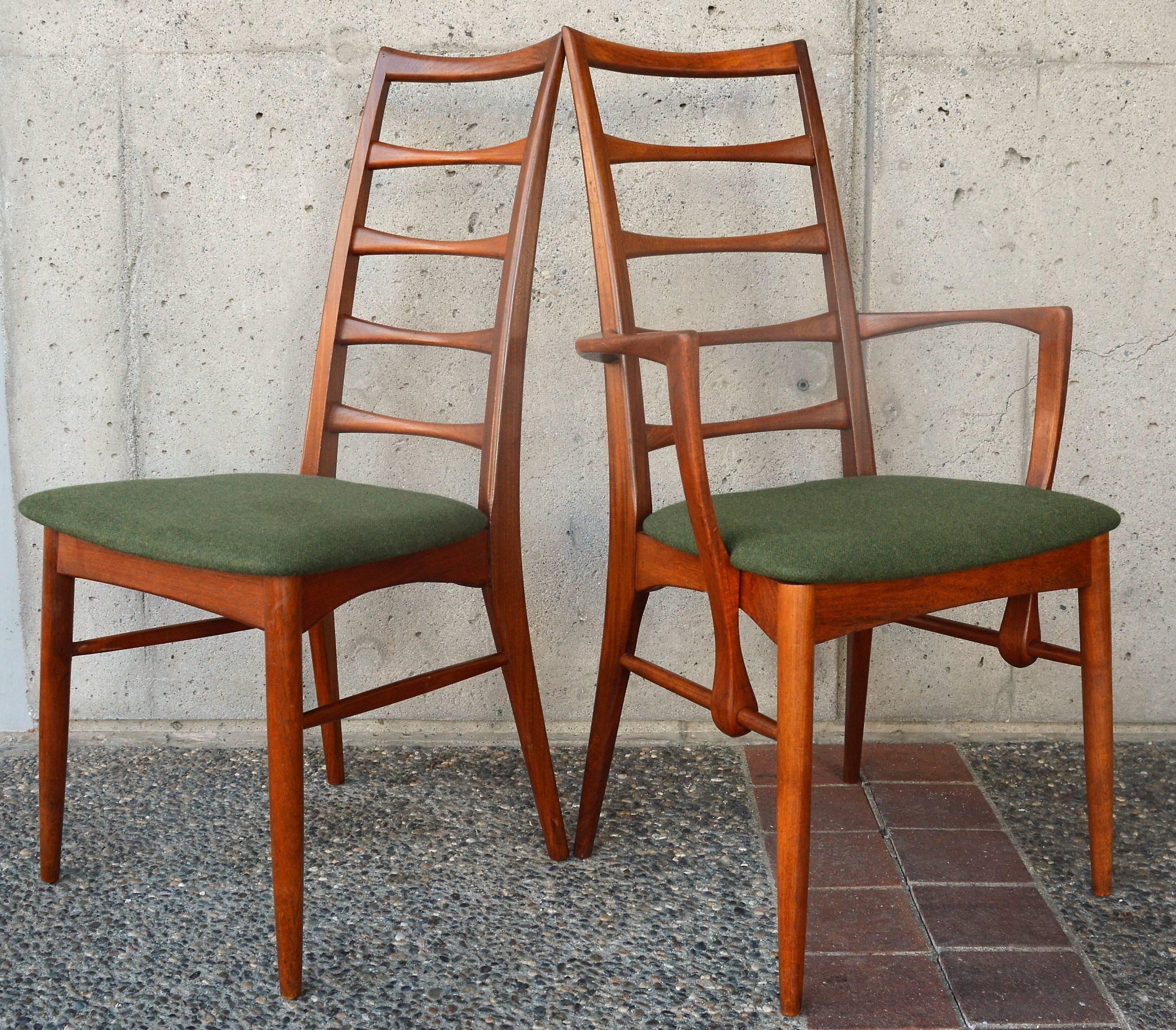 This stellar set of top quality Danish modern solid teak dining chairs were designed by Niels Koefoeds for Koefoeds Hornslet in the 1960s, known as the Liz or Lis chair, and bear the Danish Quality Control symbol. The chairs feature a two tone