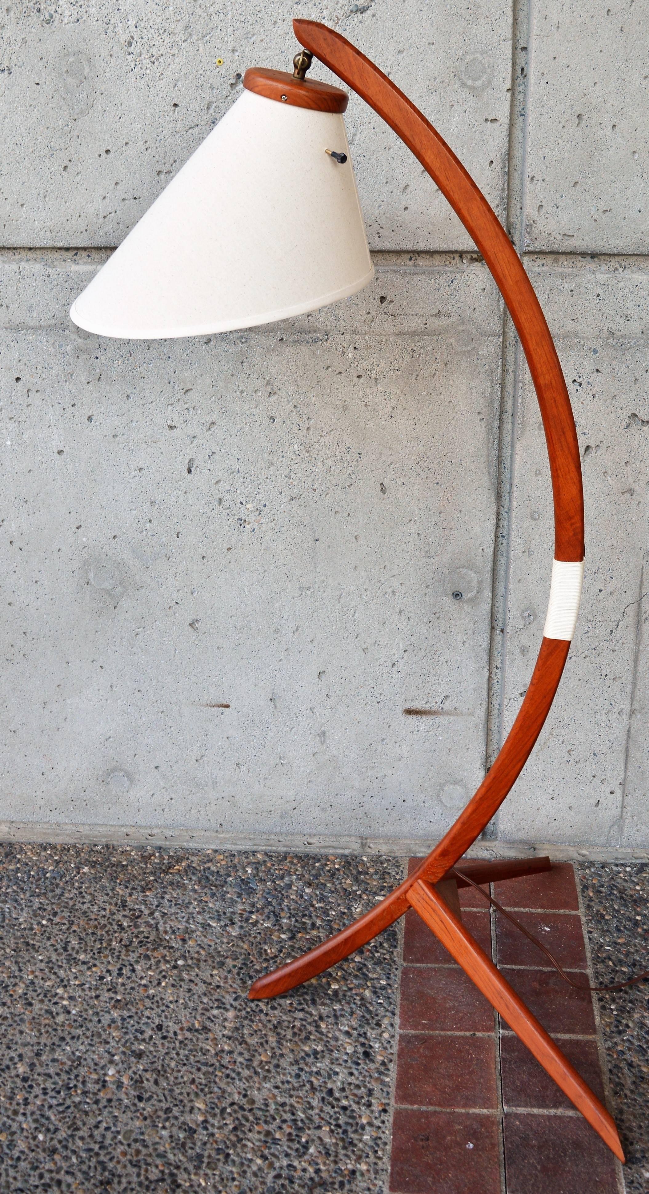 Mid-Century Modern Danish Teak Arc or Bow Tripod Floor Lamp with New Bonnet Shade, Rispal Style