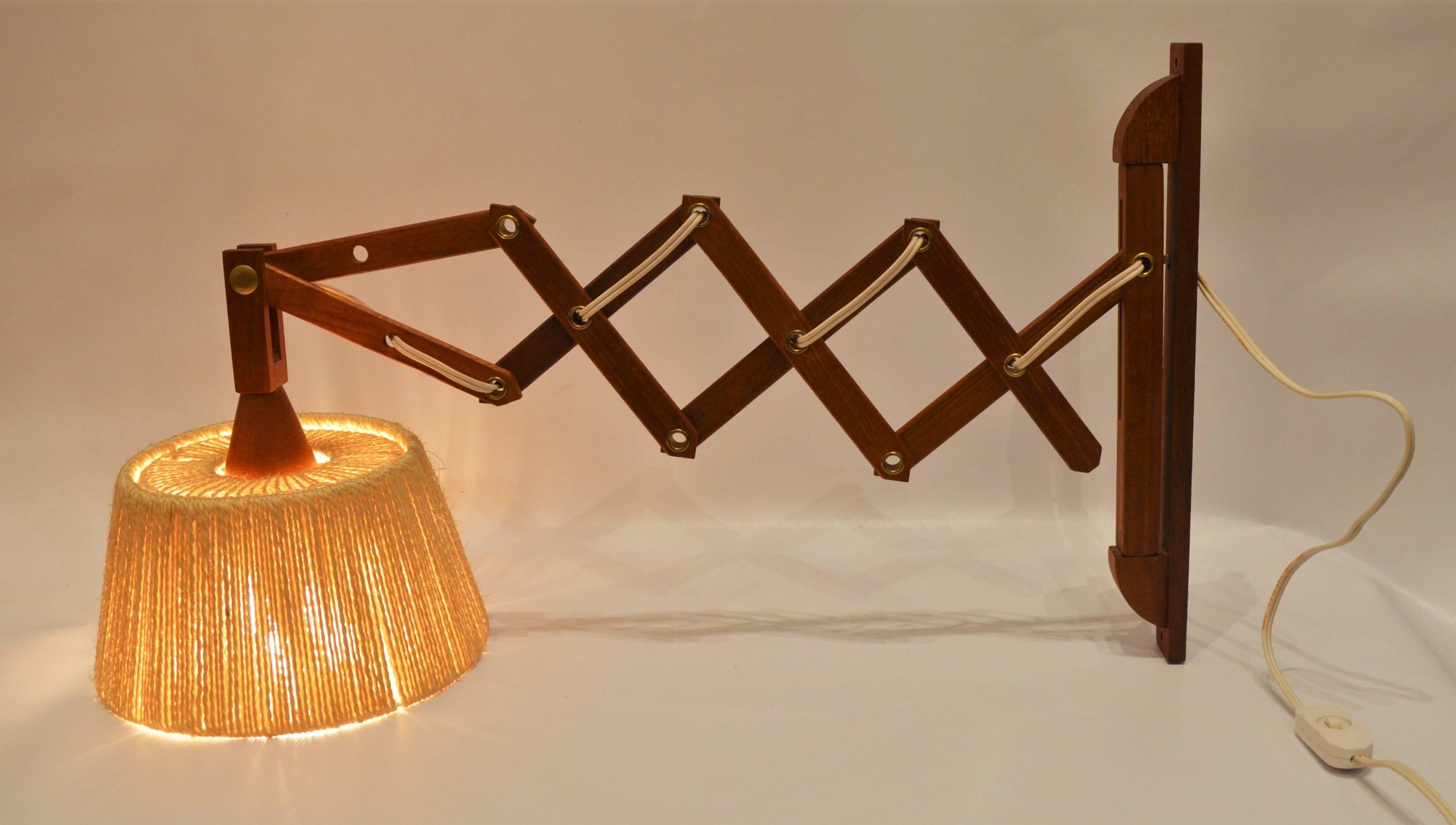 Pair of Danish Teak Fog and Morup Style Accordion Wall Lamps with Jute Shades 2
